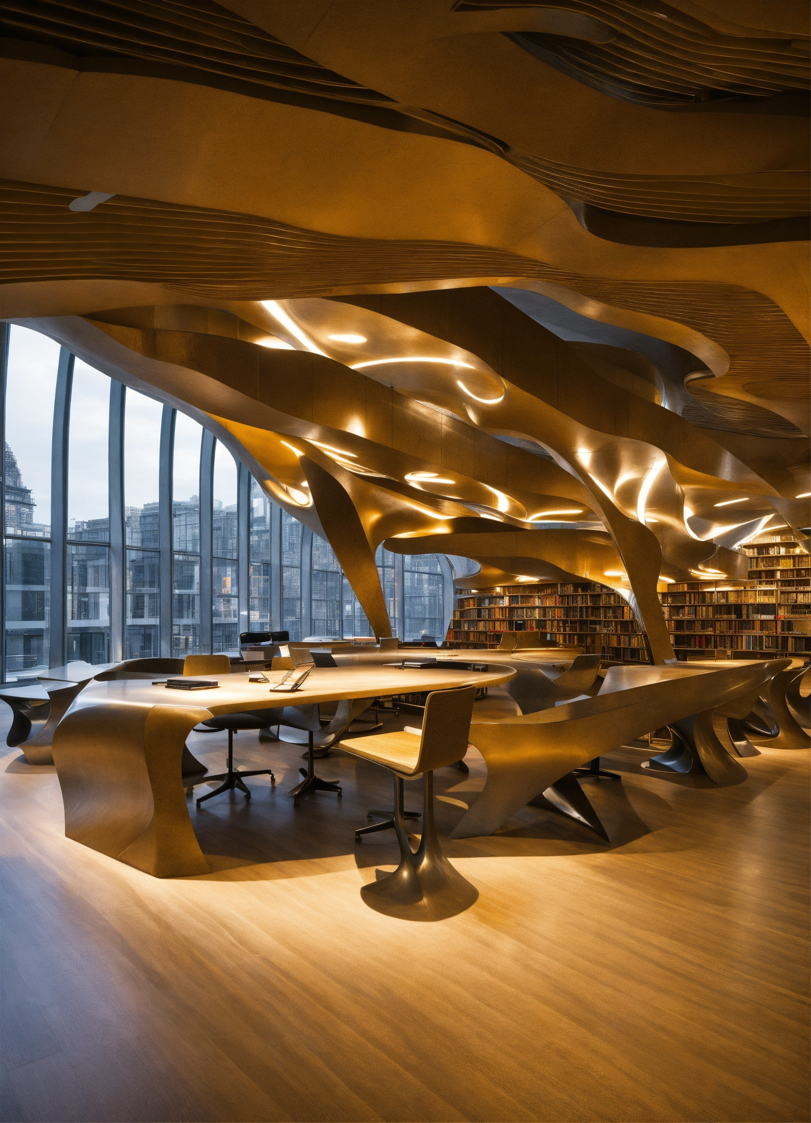 Lexica - Zaha hadid futurist steel library in the city.