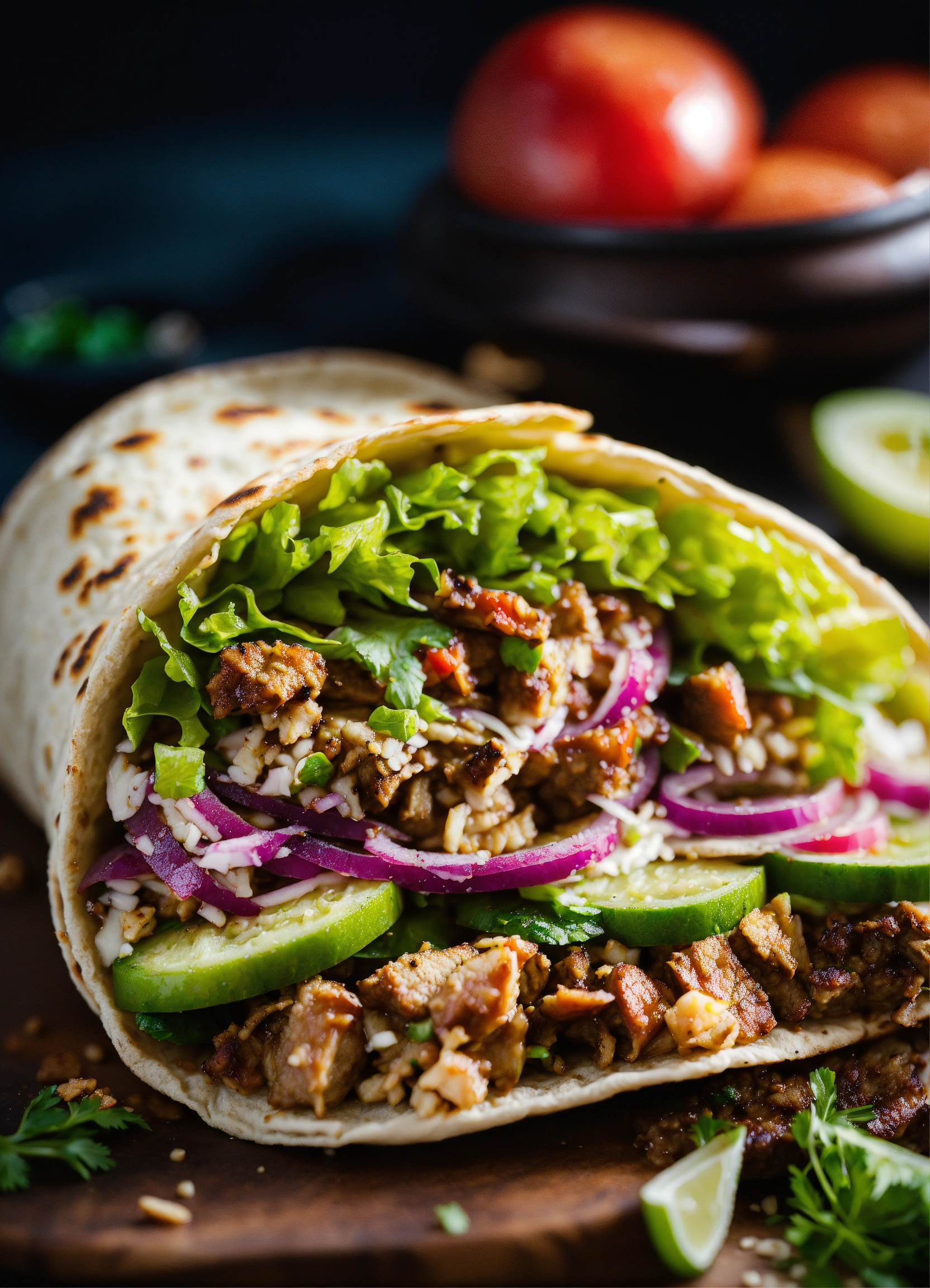 Lexica - Imagining a mouthwatering shawarma, close-up, food photography ...