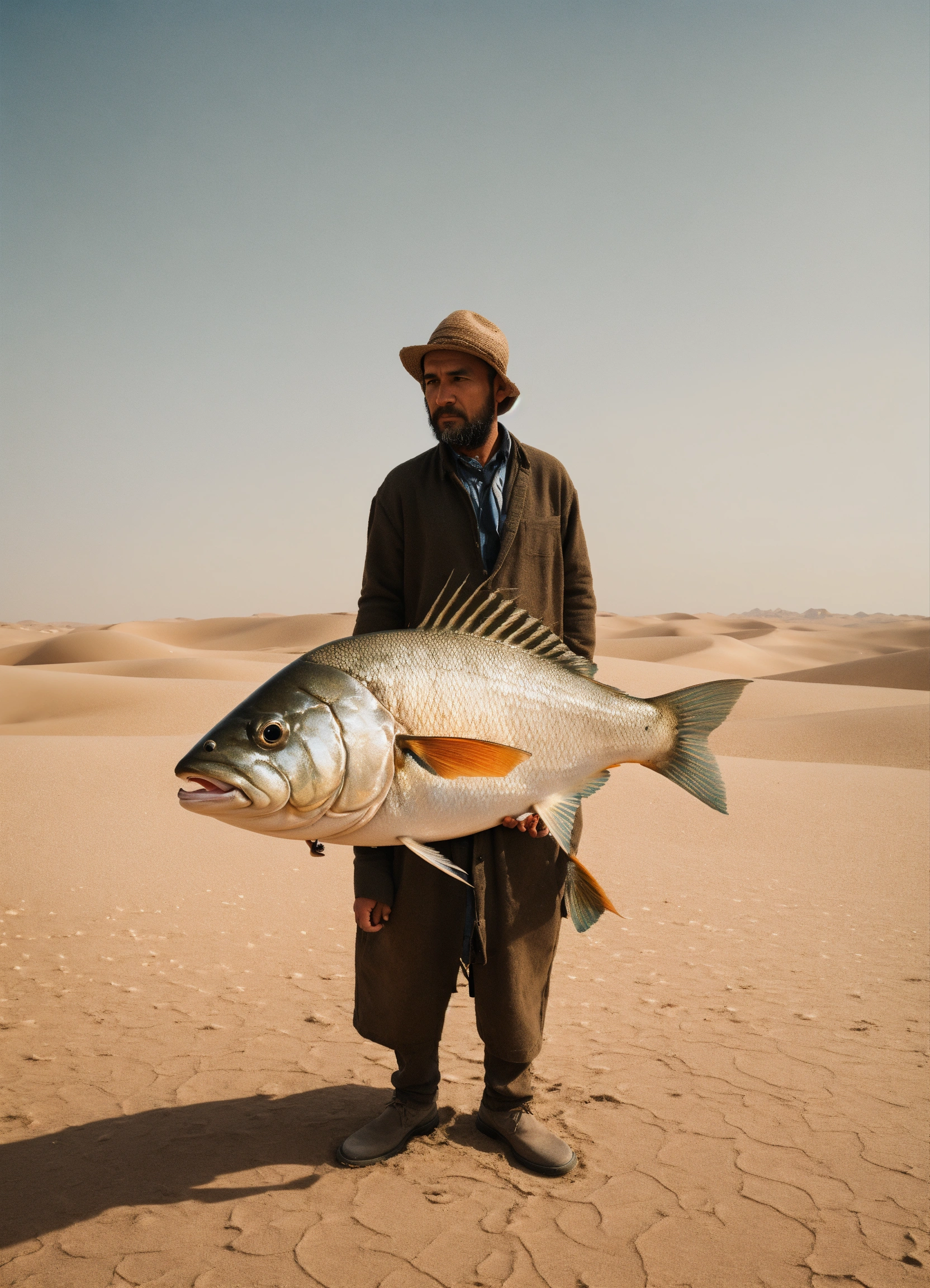 Lexica - A man with the head of a fish standing in the desert