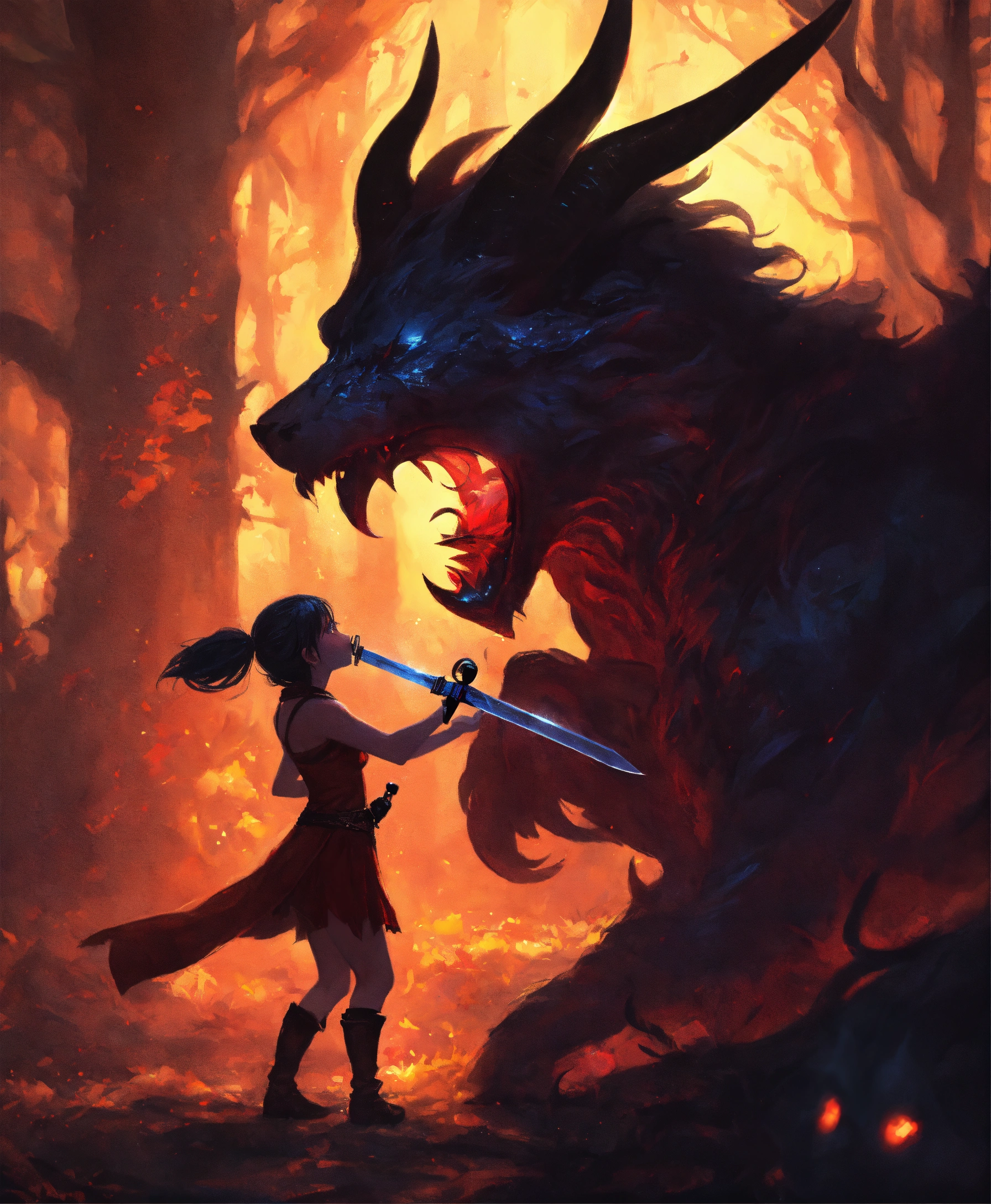 Lexica - A pixie taking a sword from the throat of a dark demon