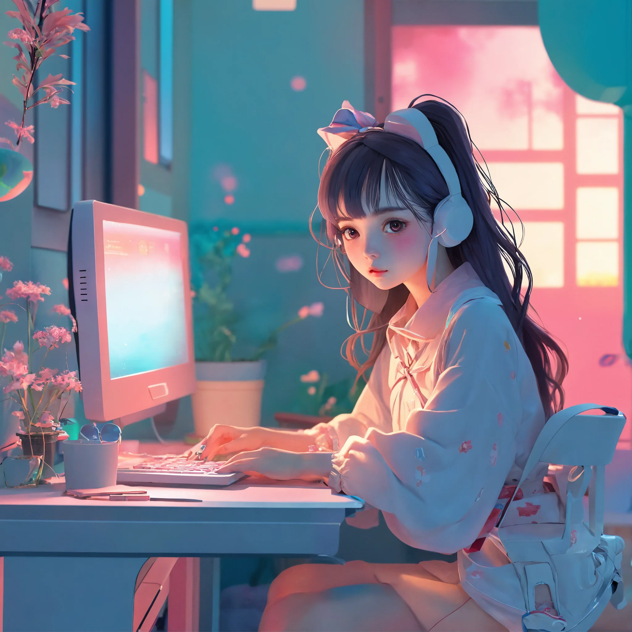 Lexica - Cute style, girl, computer desk, cute look, fantasy color ...
