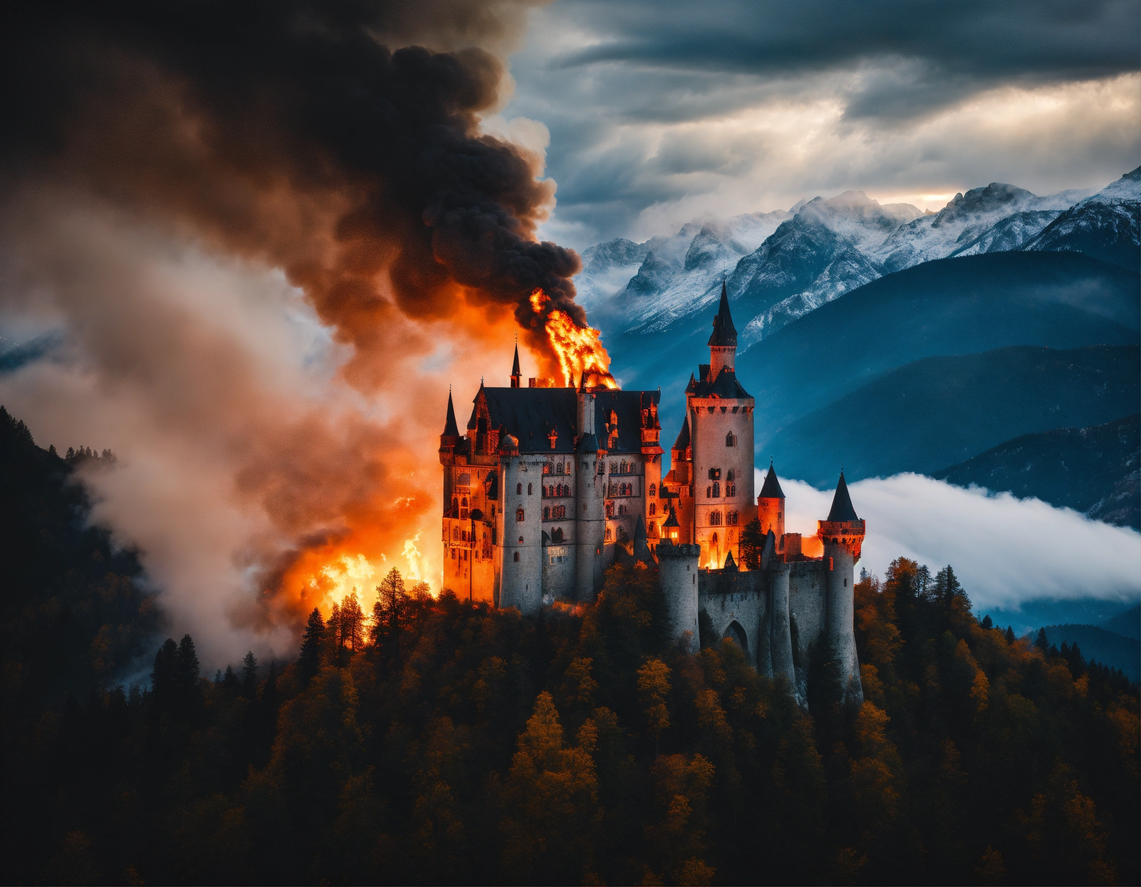 Lexica - Photography of a burning gothic castle in the mountains, storm ...