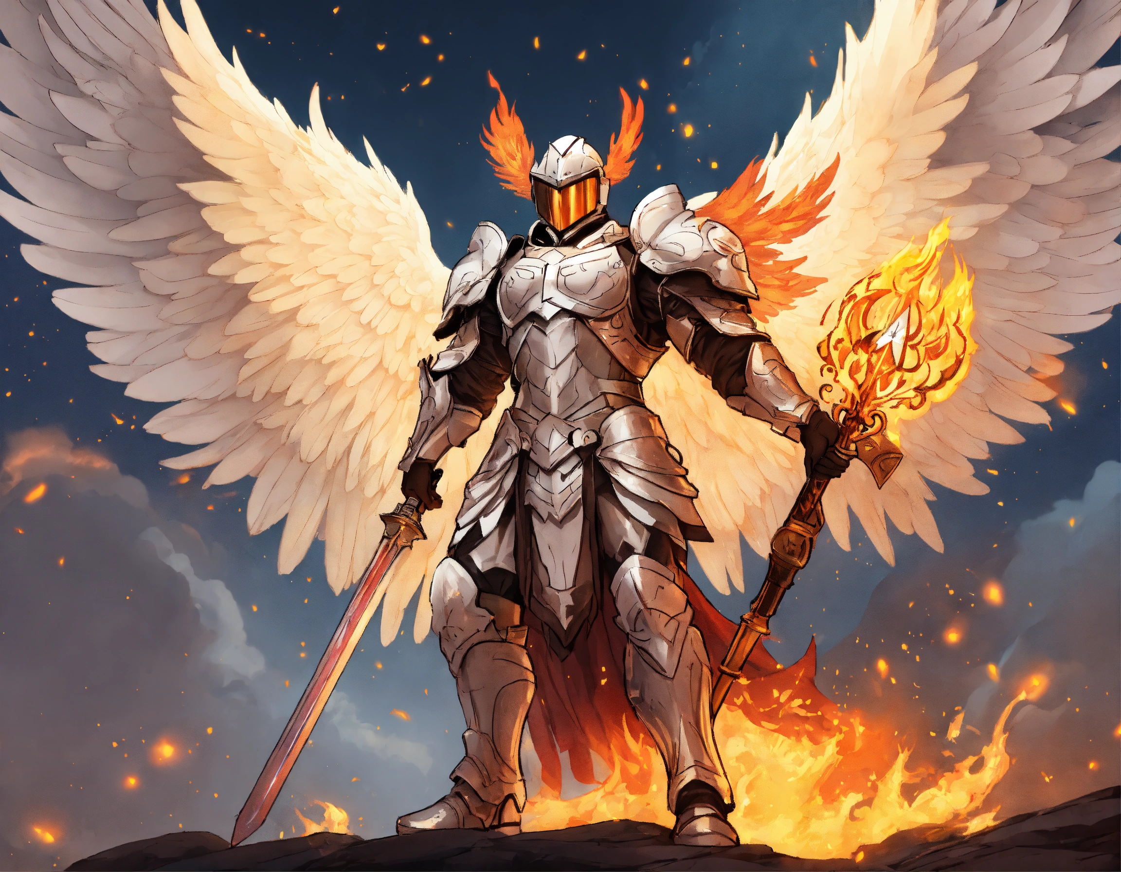 Lexica - Male Angel in body armor with flaming sword and white wings ...