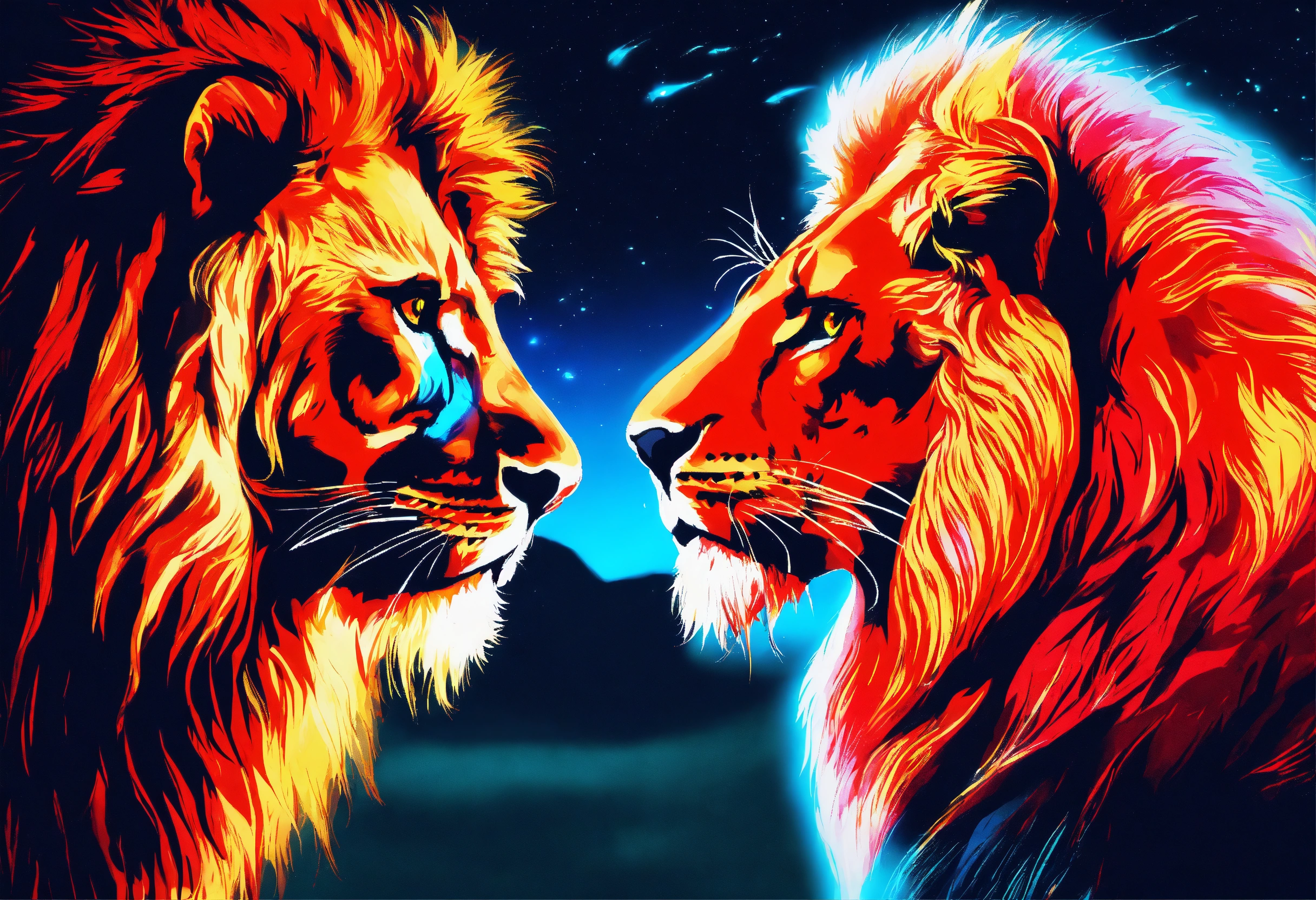 Lexica - Two lions facing each other. one lion glowing ruby-red at ...