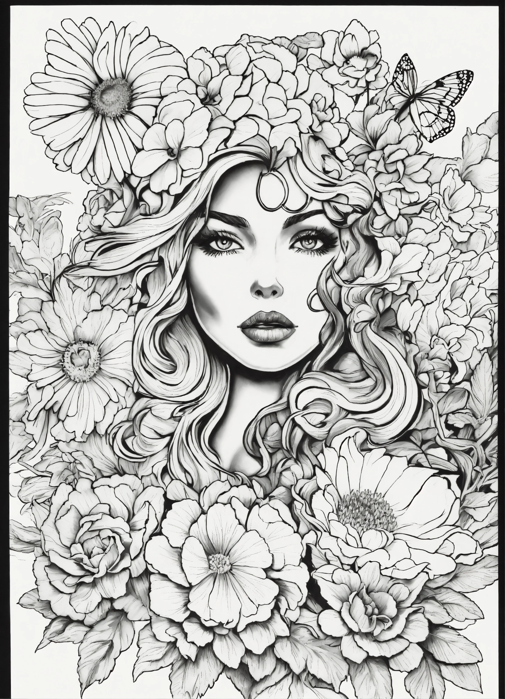 Lexica - Faces and flowers, by Ed Roth, black and white coloring book ...