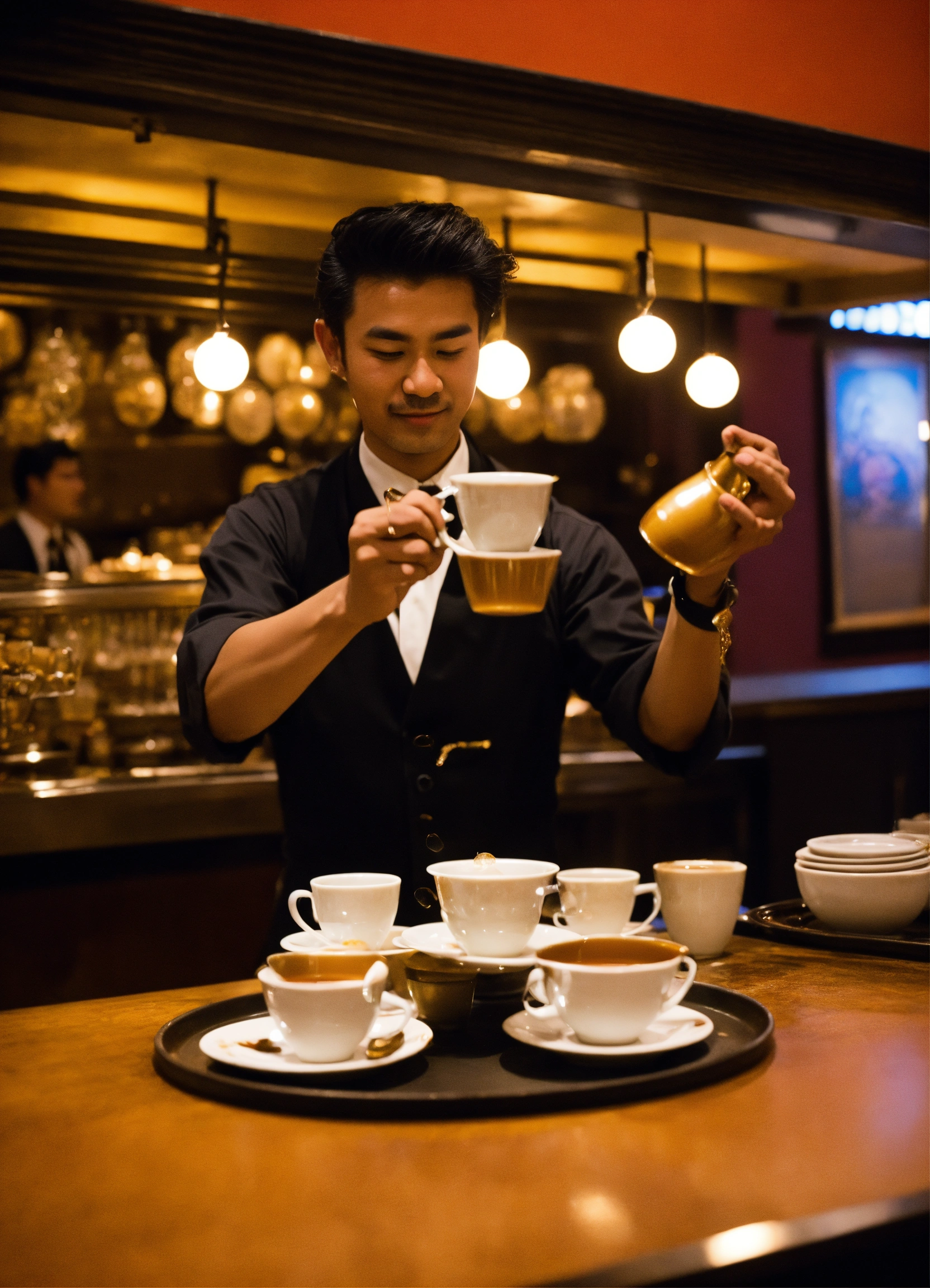 Lexica - Skilled server juggles Chai tea from one cup to another cup in ...