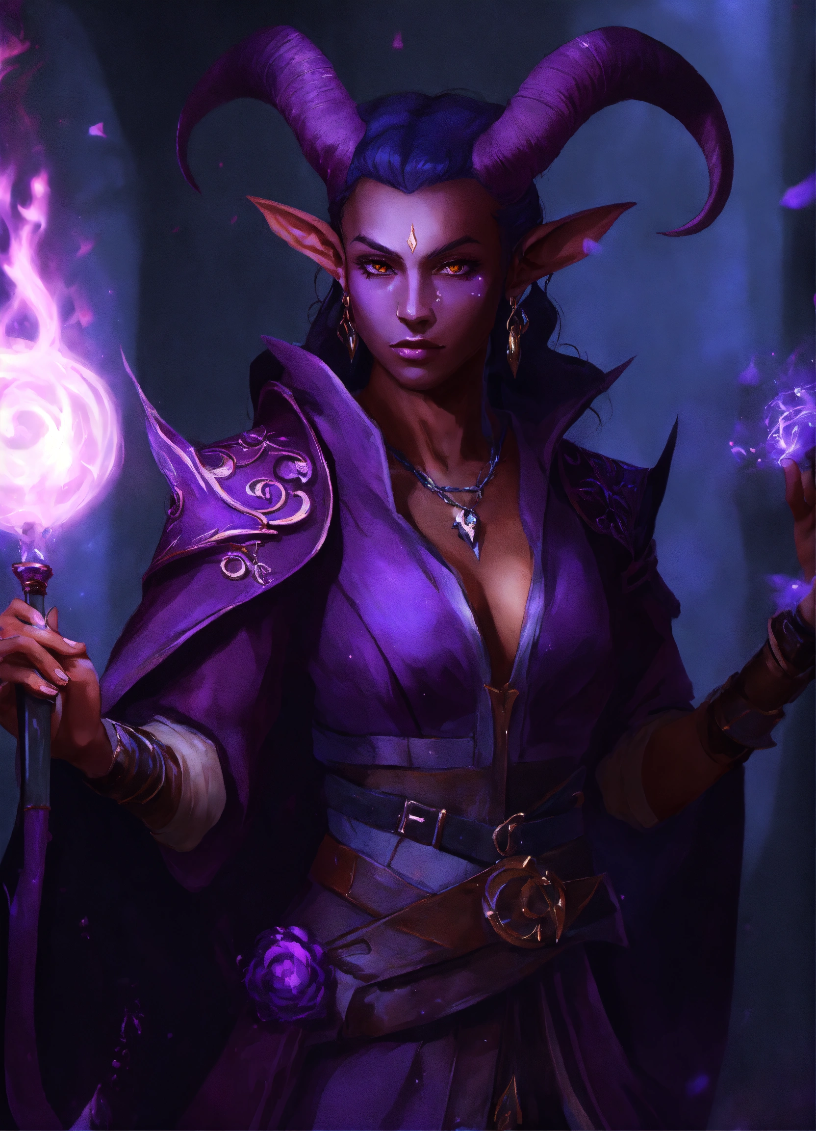 Lexica - Dark purple Tiefling sorcerer. D&D, fantasy, cinematic.