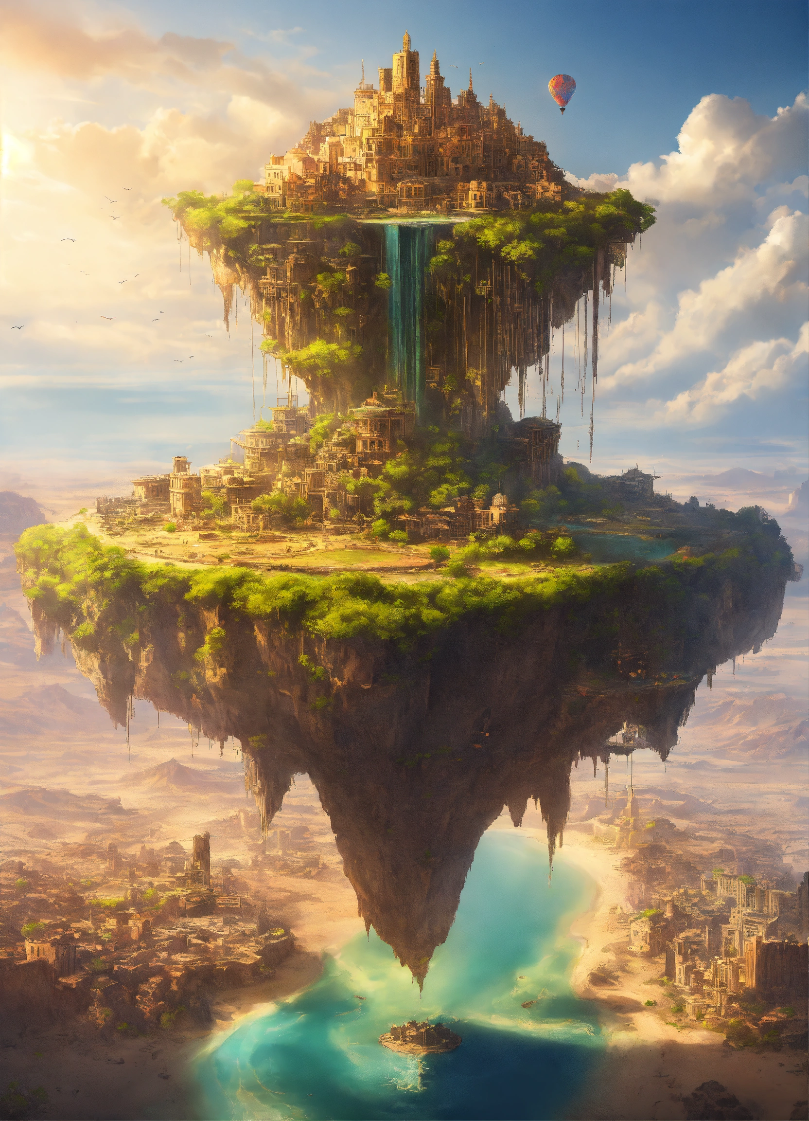 Lexica - A flying island with a city on top in the middle of the desert ...