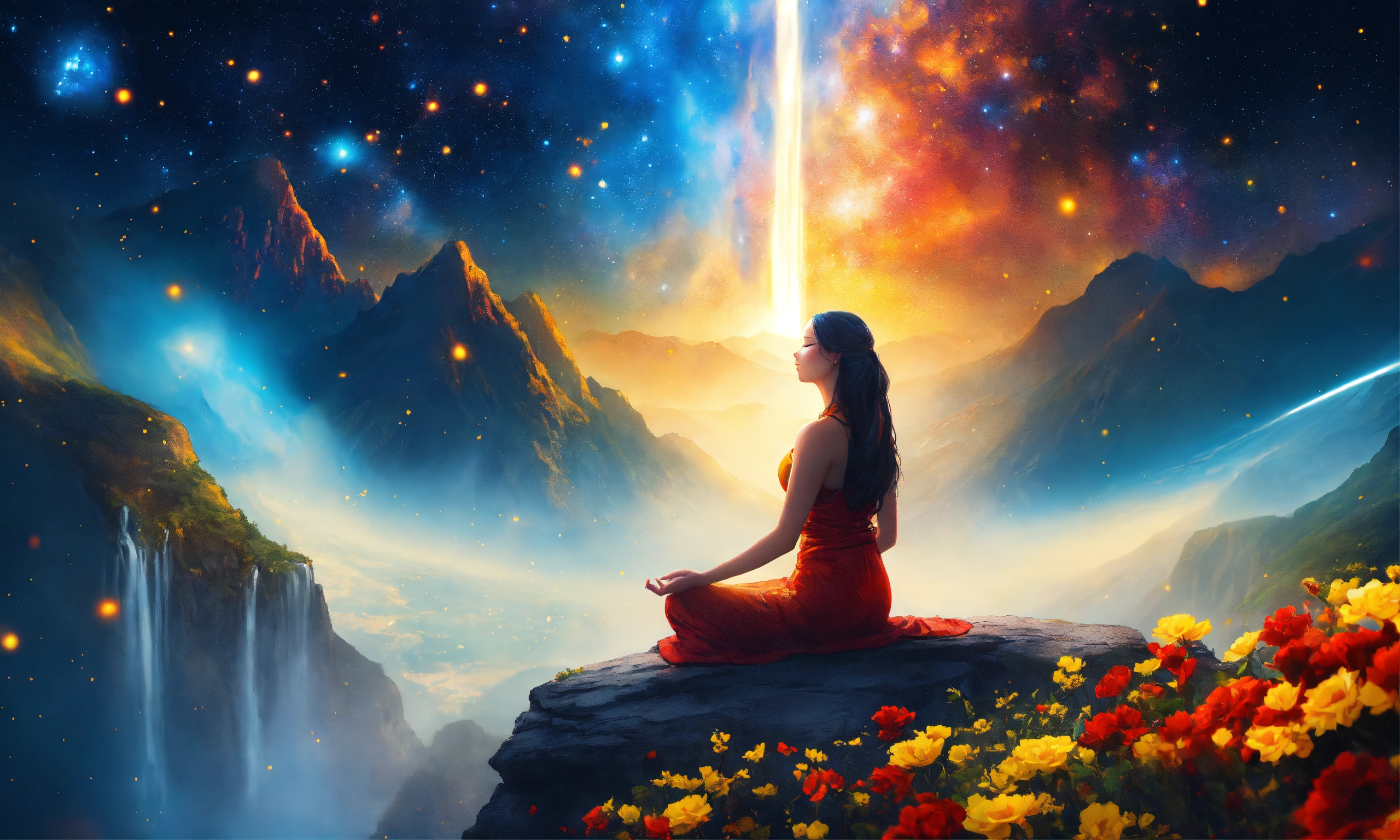 Lexica - Beautiful woman in Meditation posture, mountain, waterfall ...