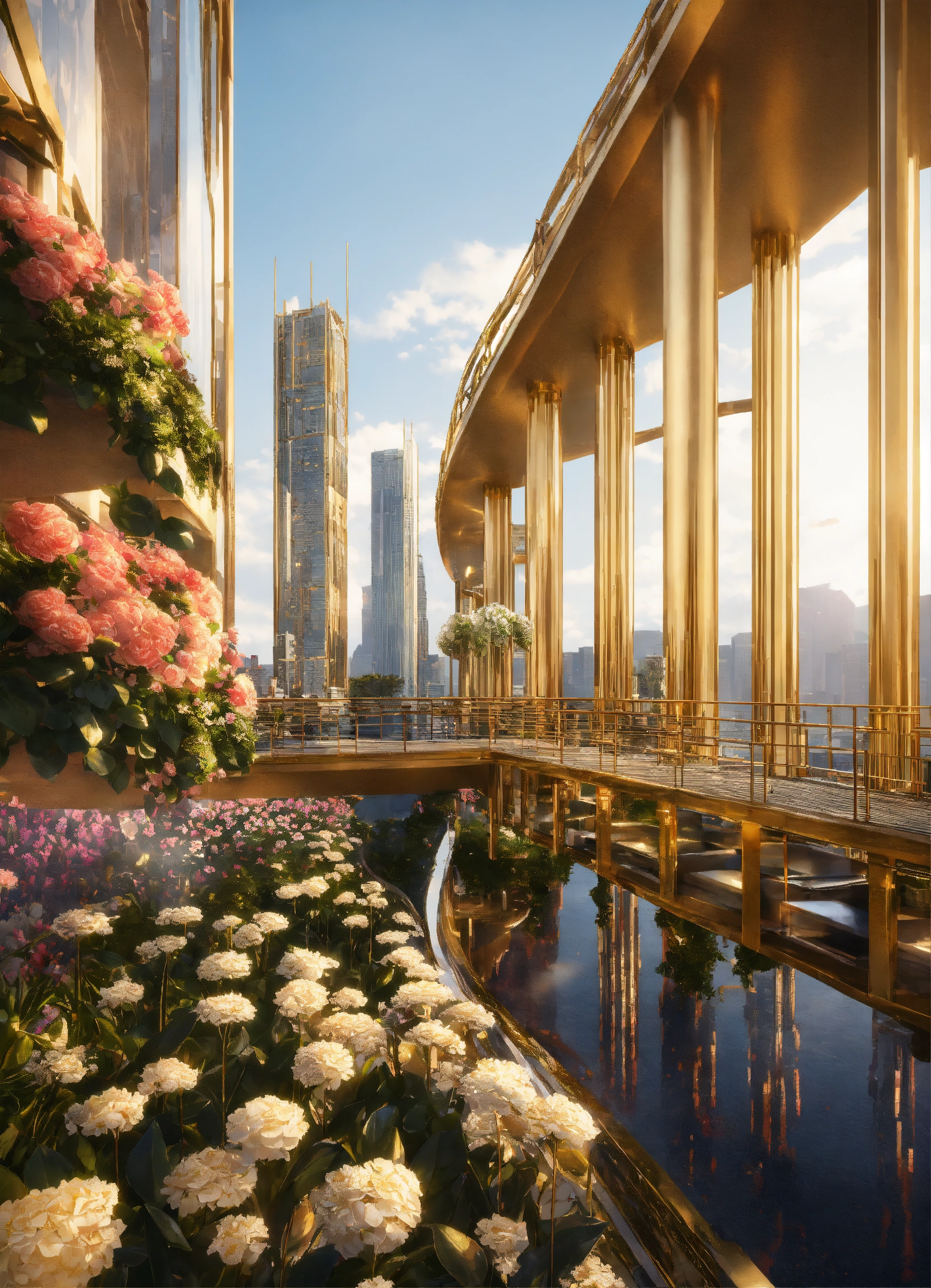 Lexica - Two tall modern , gold skyscrapers, connected by solid gold ...