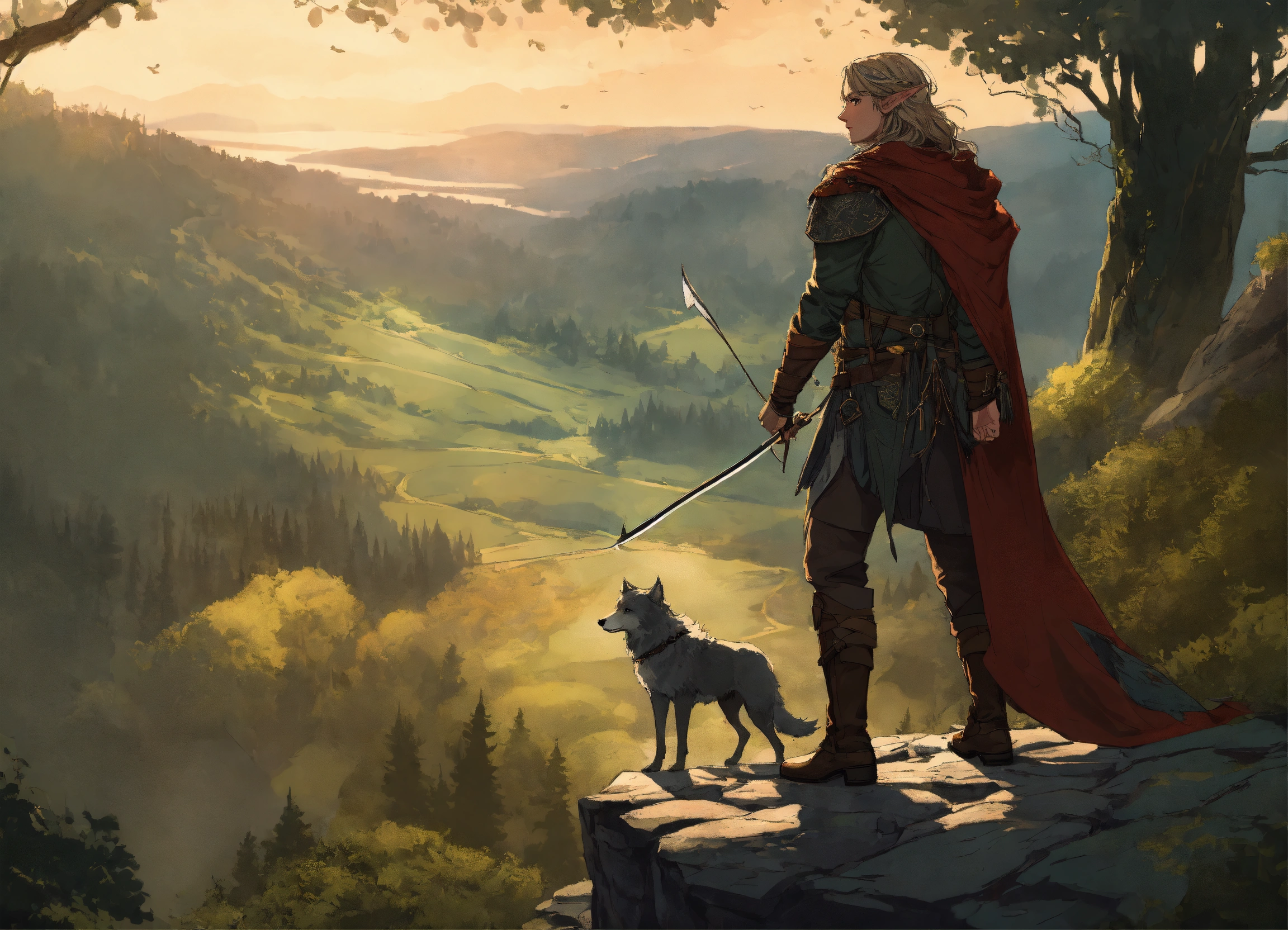 Lexica - Full body image, Elven Ranger with cloak and bow, with a wolf ...