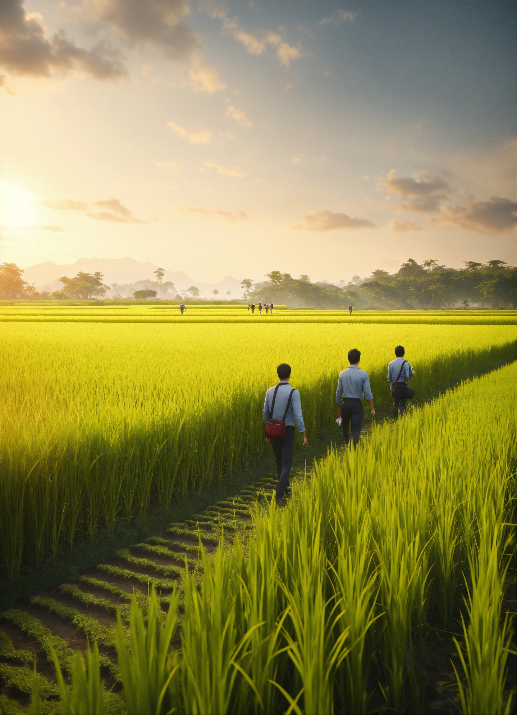 Lexica - A group of employee walking together, at rice field, unreal ...