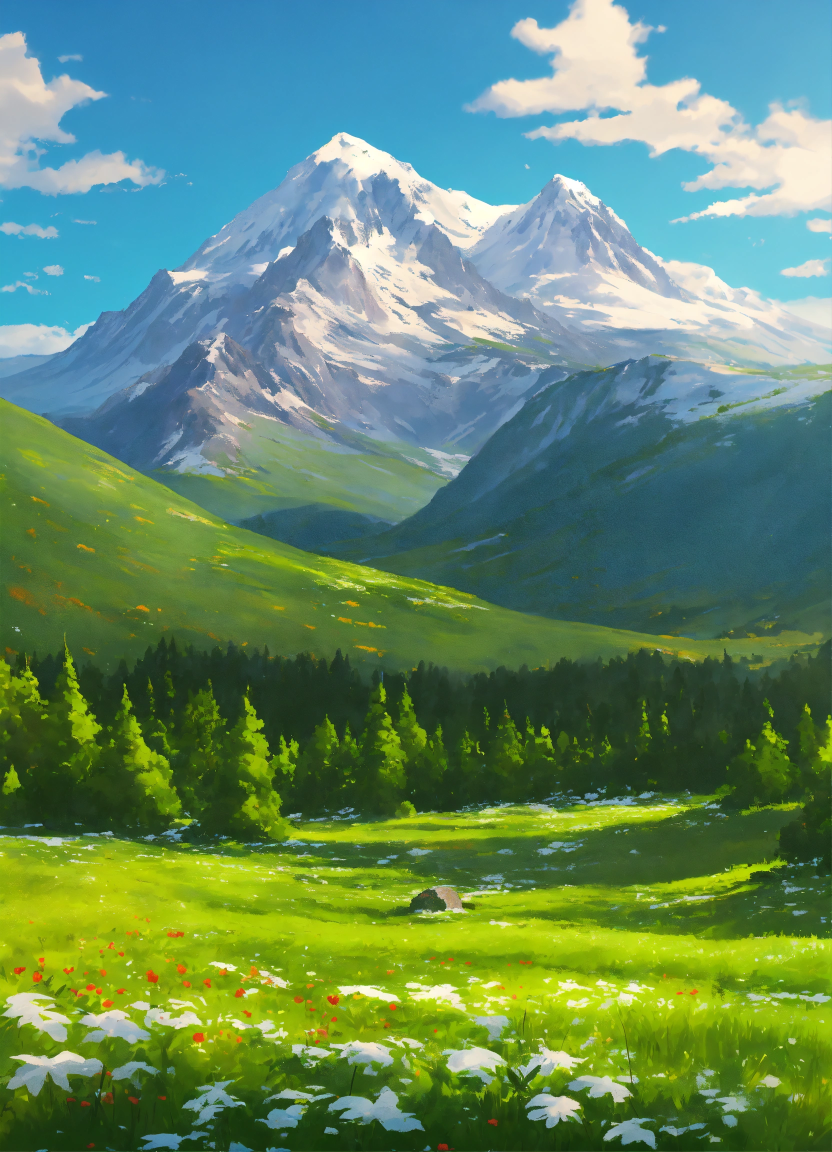 Lexica - Lush meadows and a blue sky with white clouds. in the distance ...
