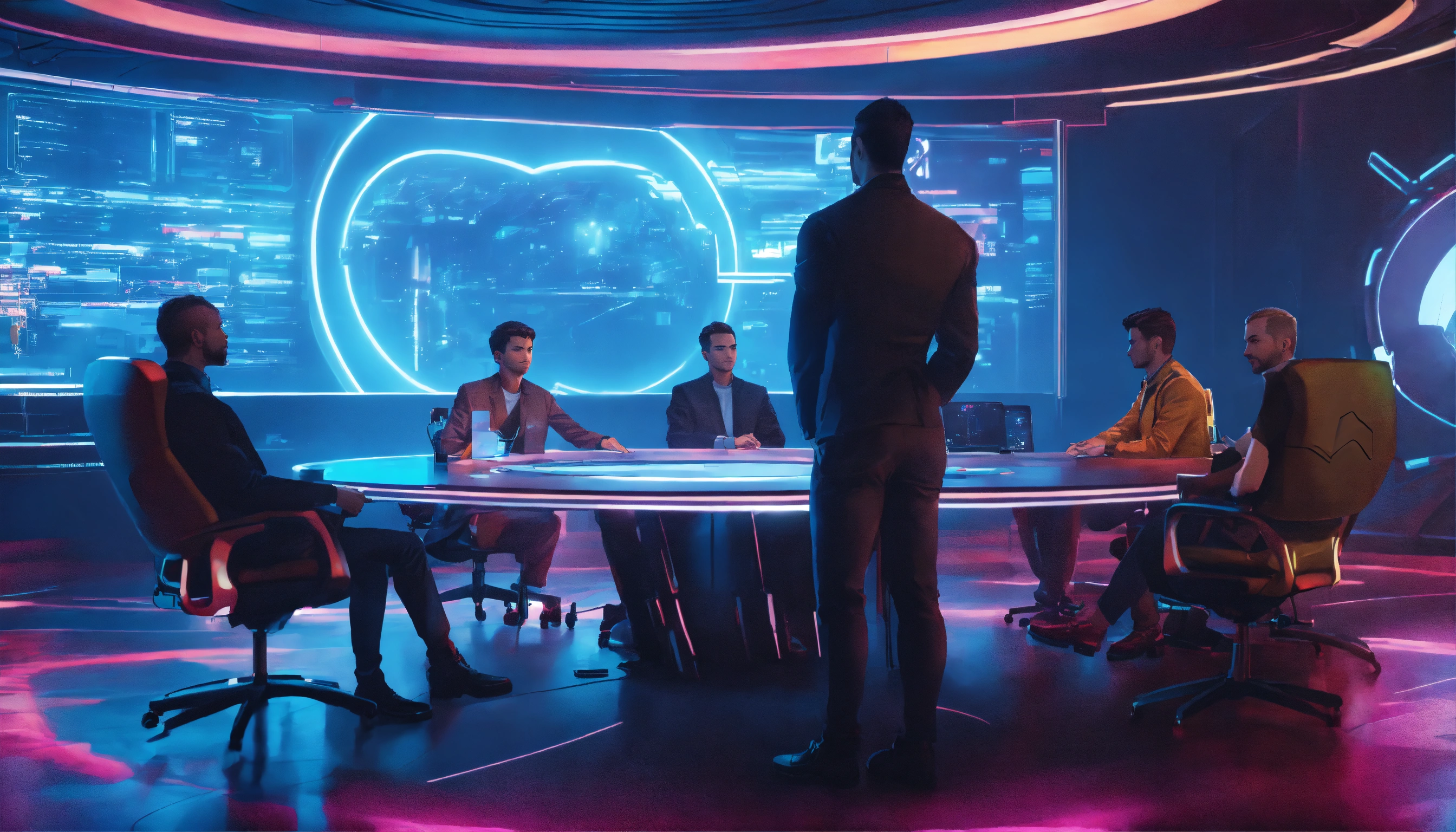 Lexica - Futuristic meeting room, round cyber table, people siting, one ...