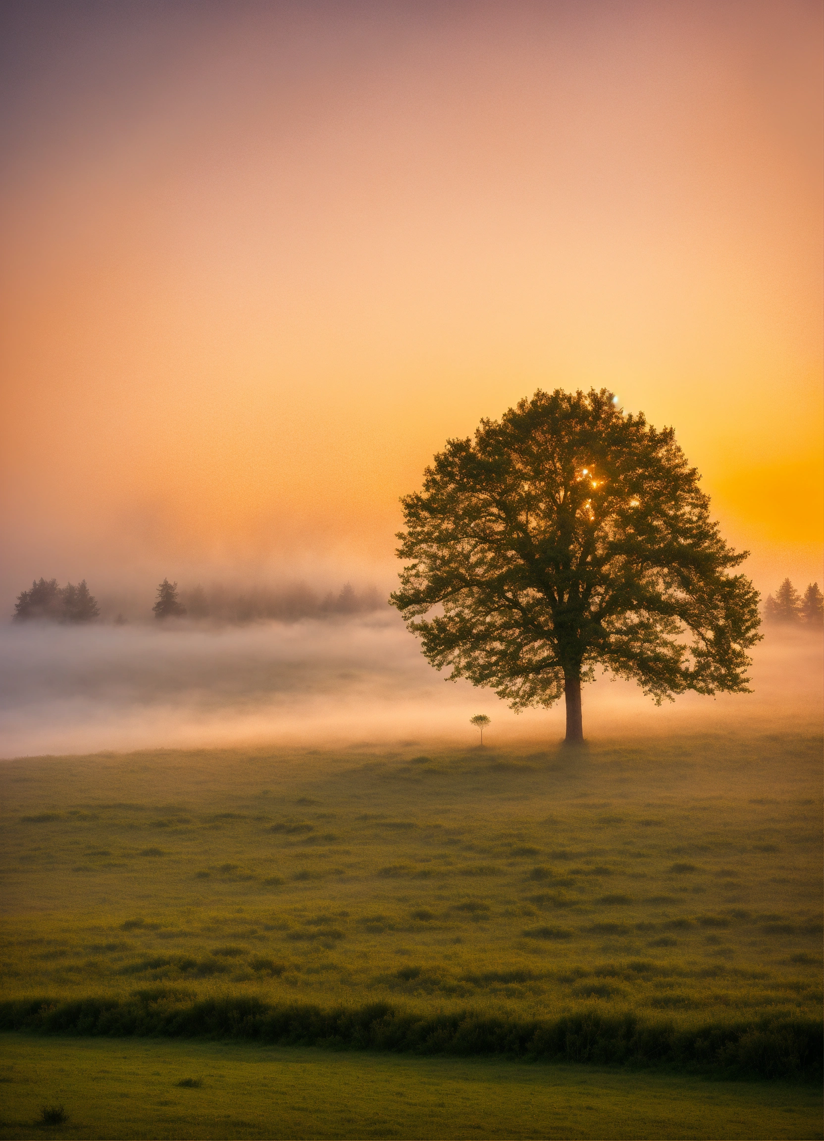 Lexica - A single tree in a meadow covered with morning fog