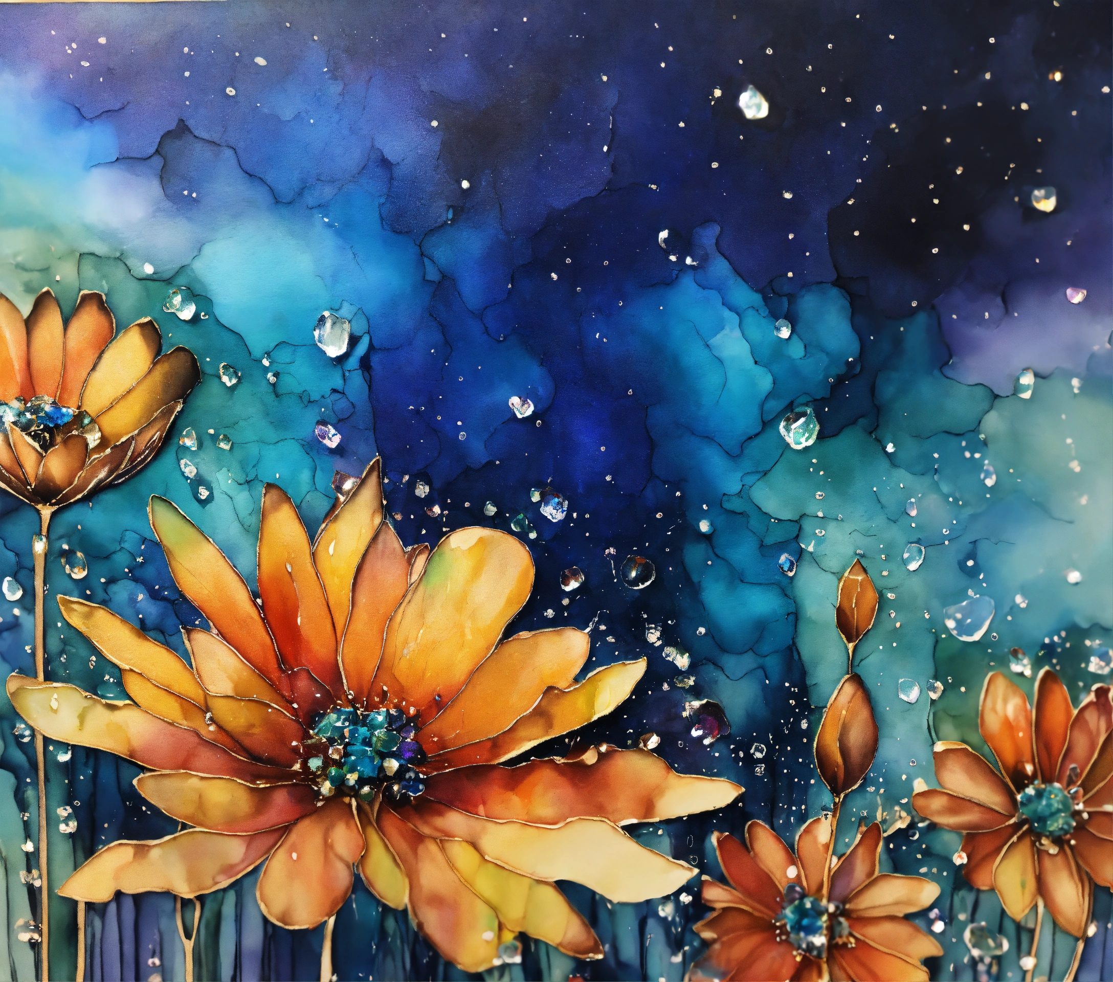 Lexica - Alcohol ink, void flowers with crystal rain drops