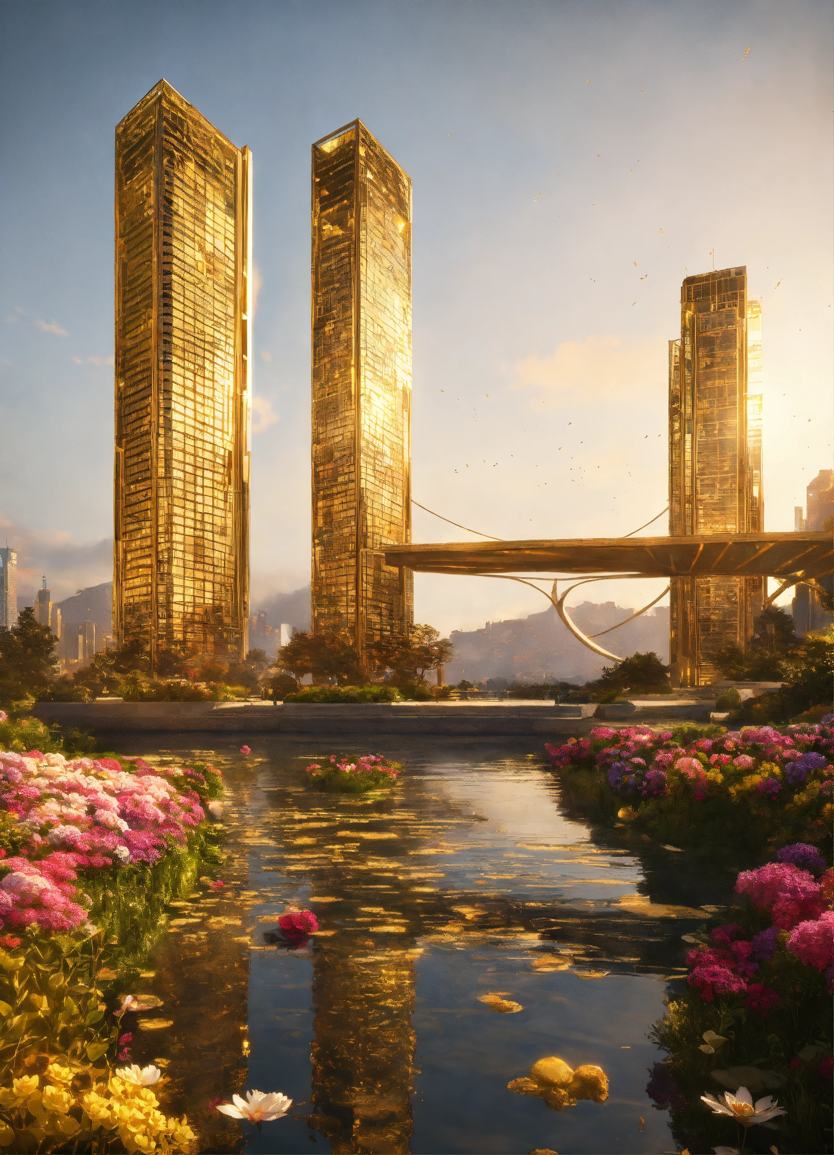 Lexica - Two tall modern , gold skyscrapers, connected by solid gold ...