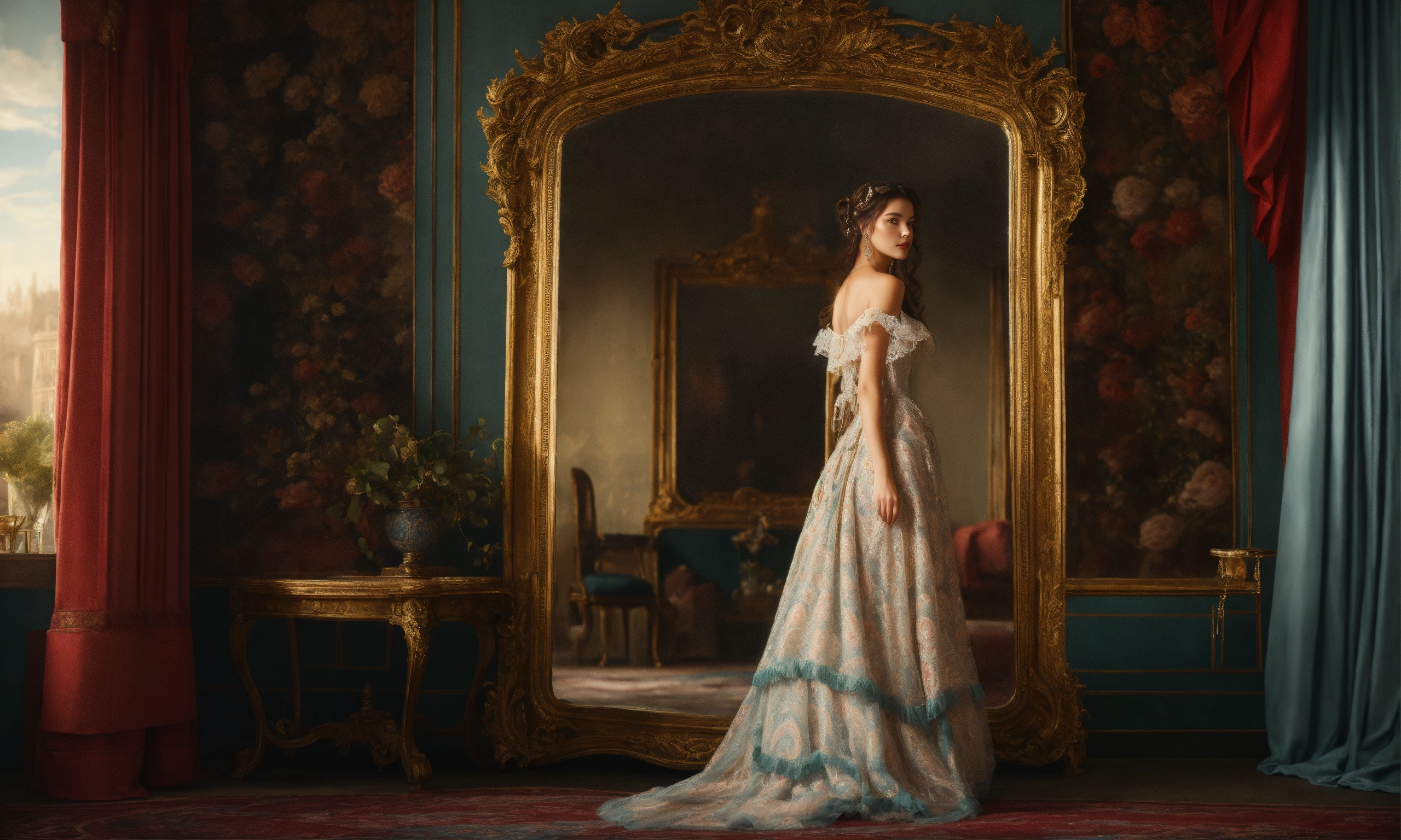 Lexica - Young Beautiful Lady stands before a vintage, ornate mirror ...
