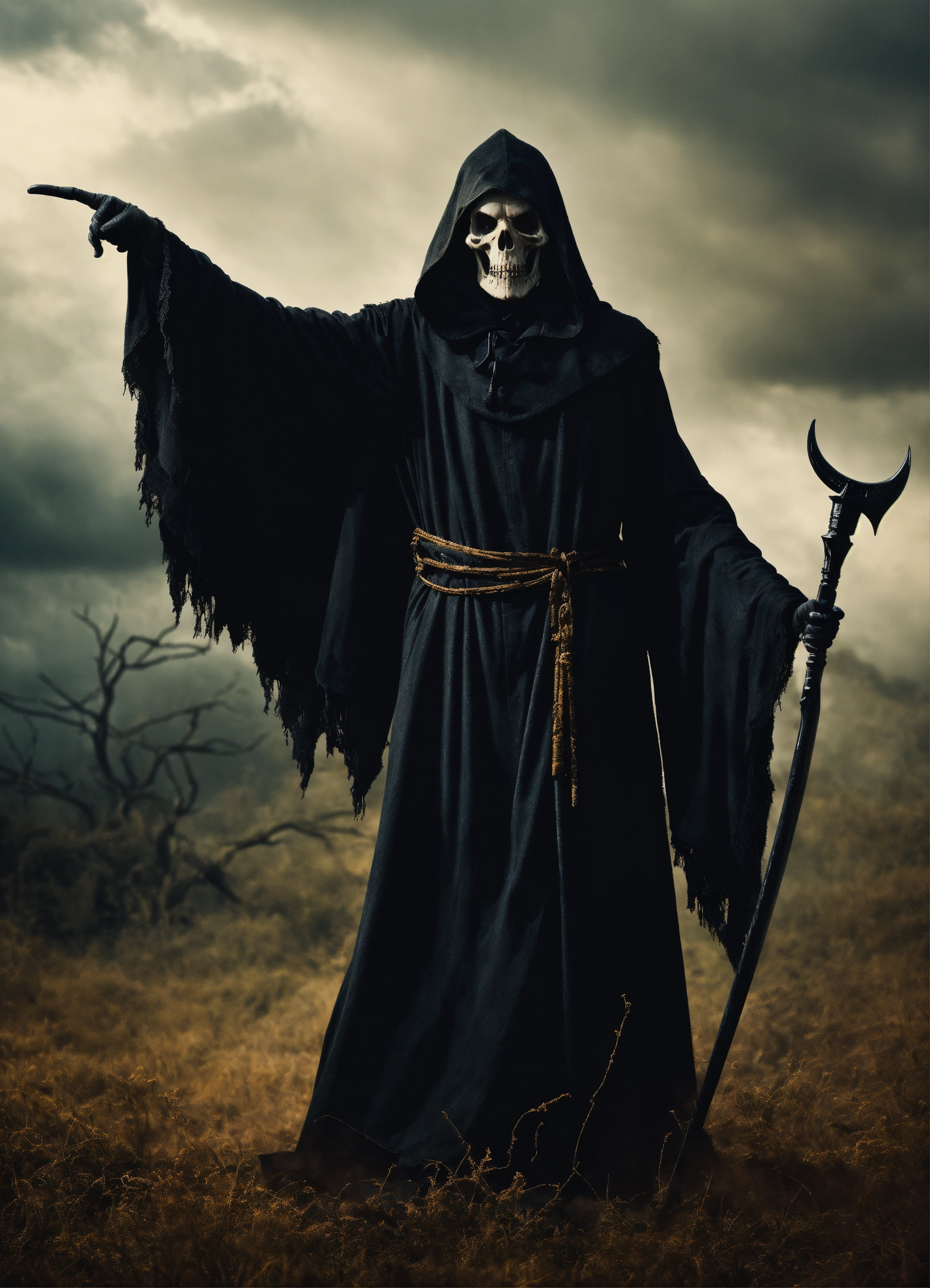 Lexica - A grim reaper with his arm outstretched and pointing to the right