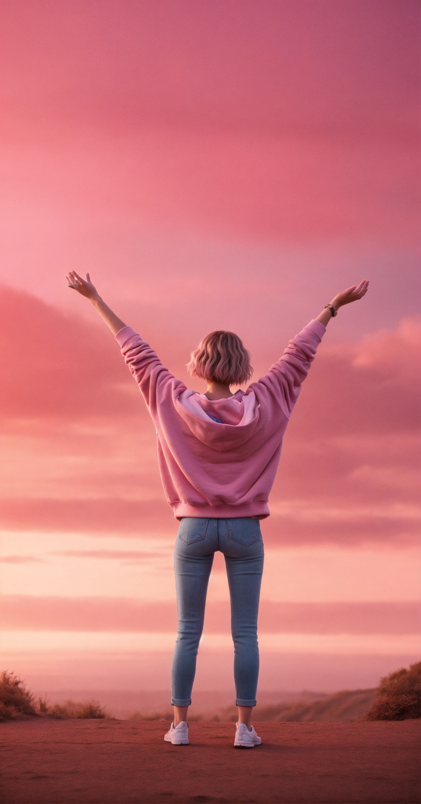 Lexica - Full body, woman from her back, raising both her hands up ...