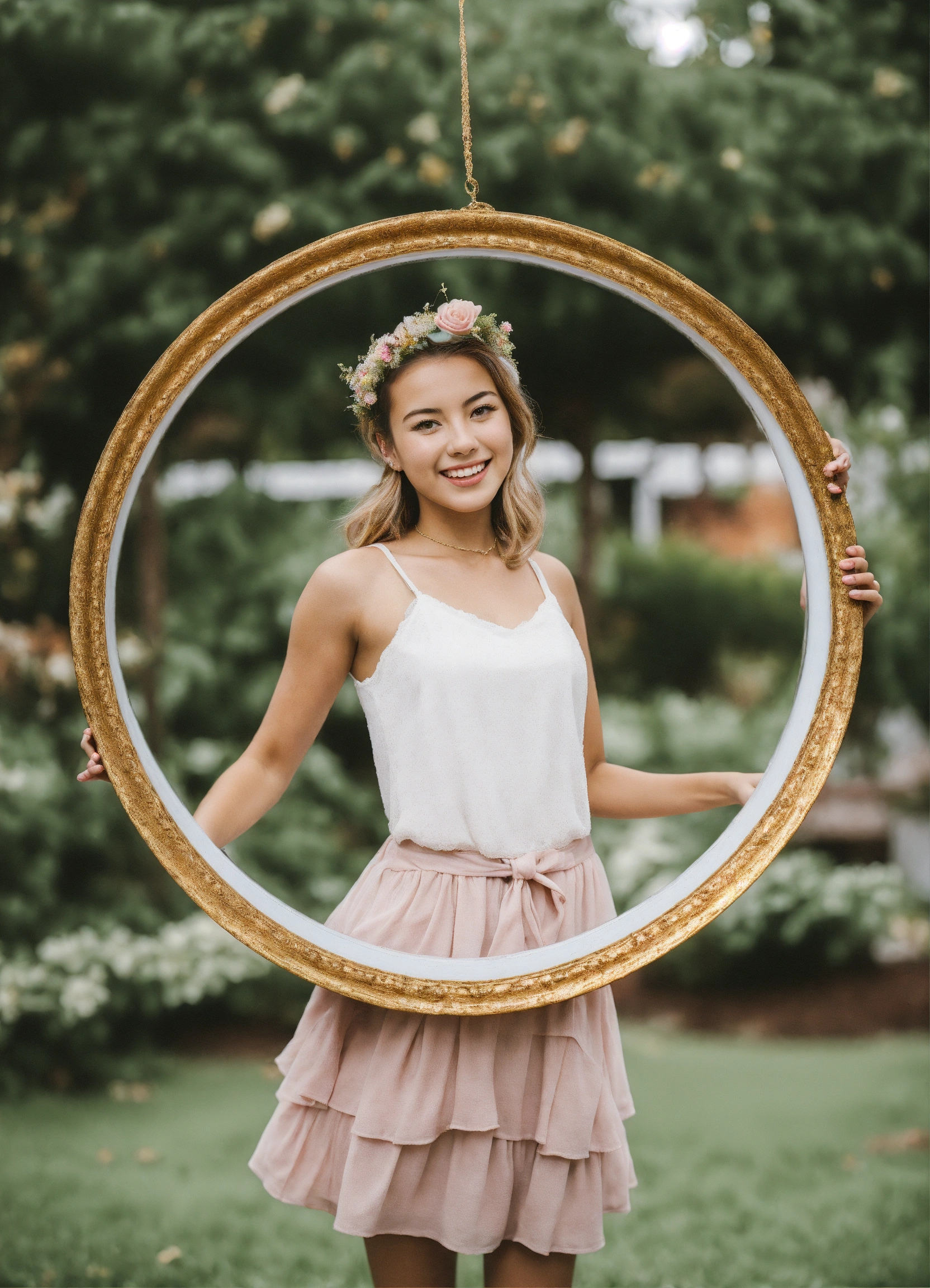 Lexica - Girl holing a giant round photo frame