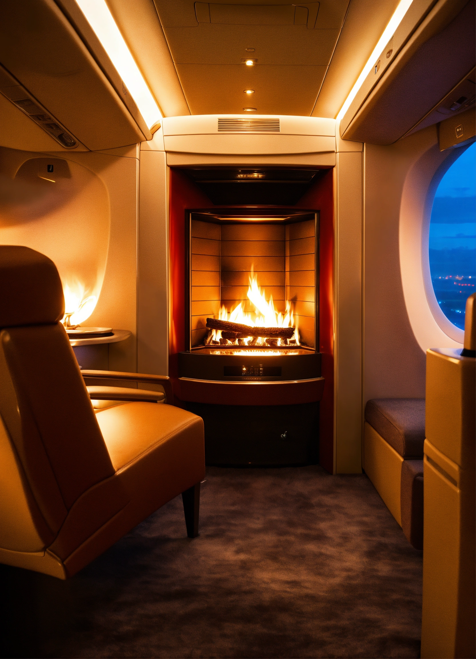 Lexica - Luxury first class airplane interior fireplace