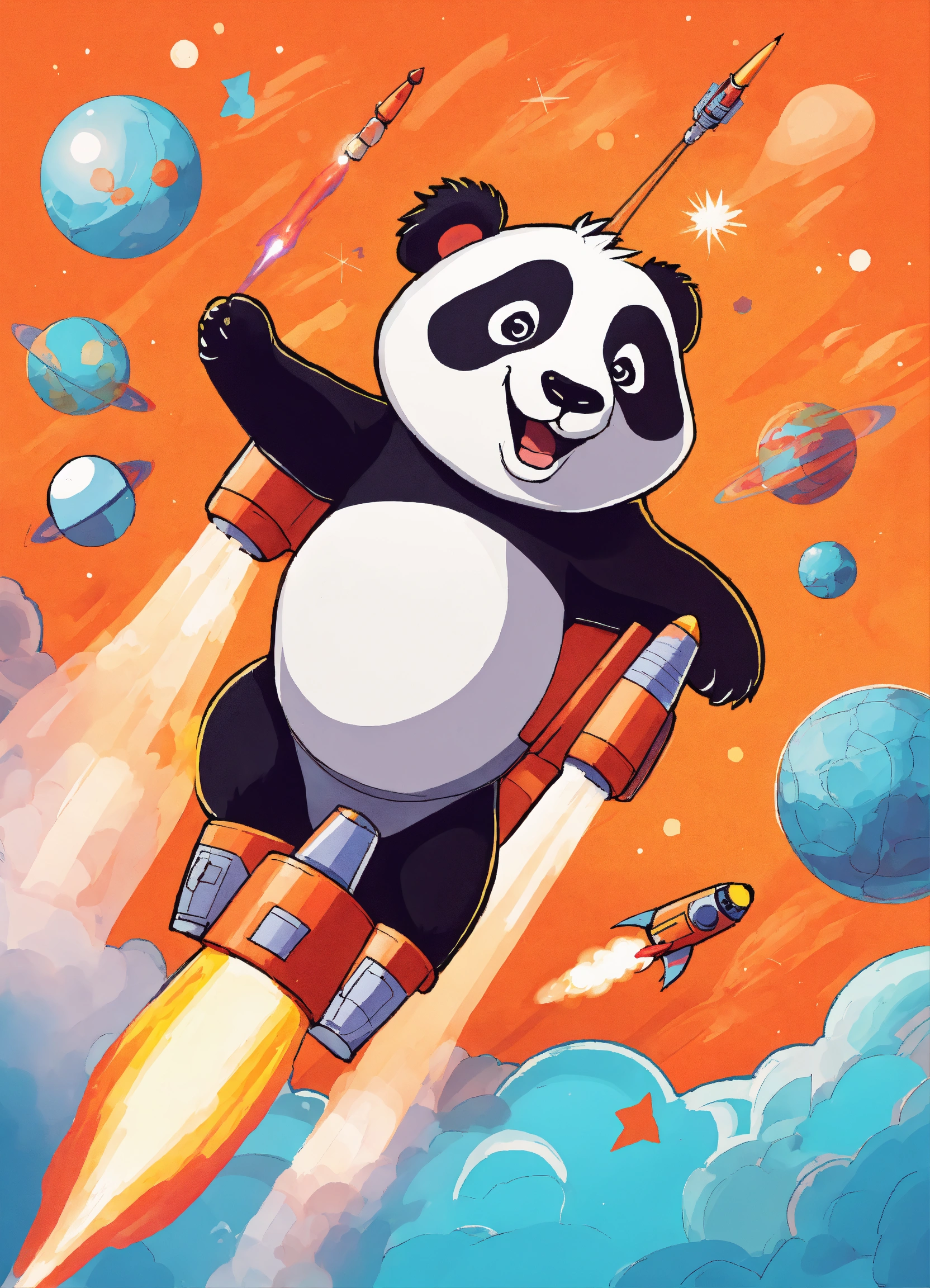 Lexica - Panda launches a rocket, cartoon style, orange background