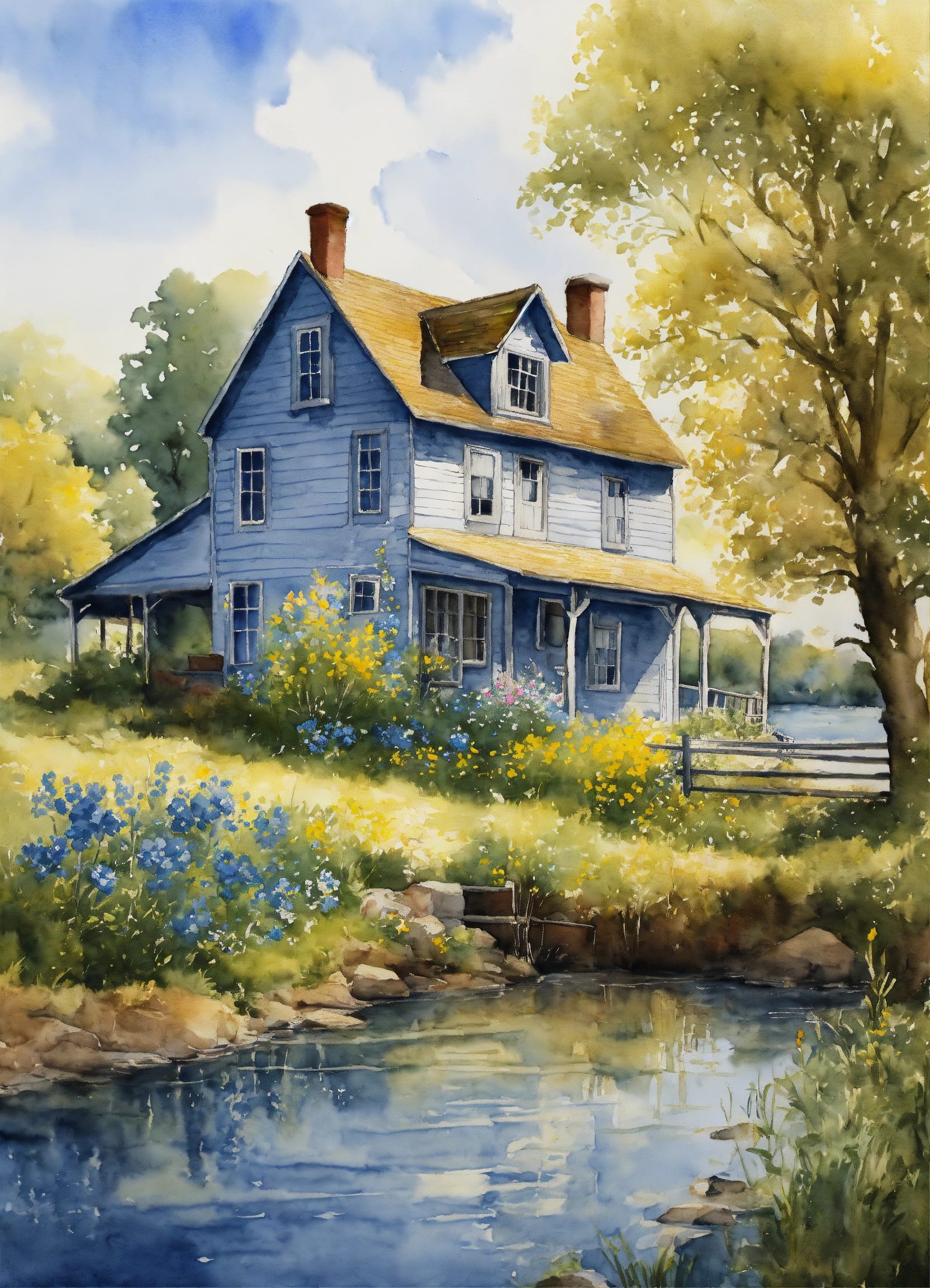 Lexica - Watercolor painting of an Old Farmhouse on a river, blue and ...