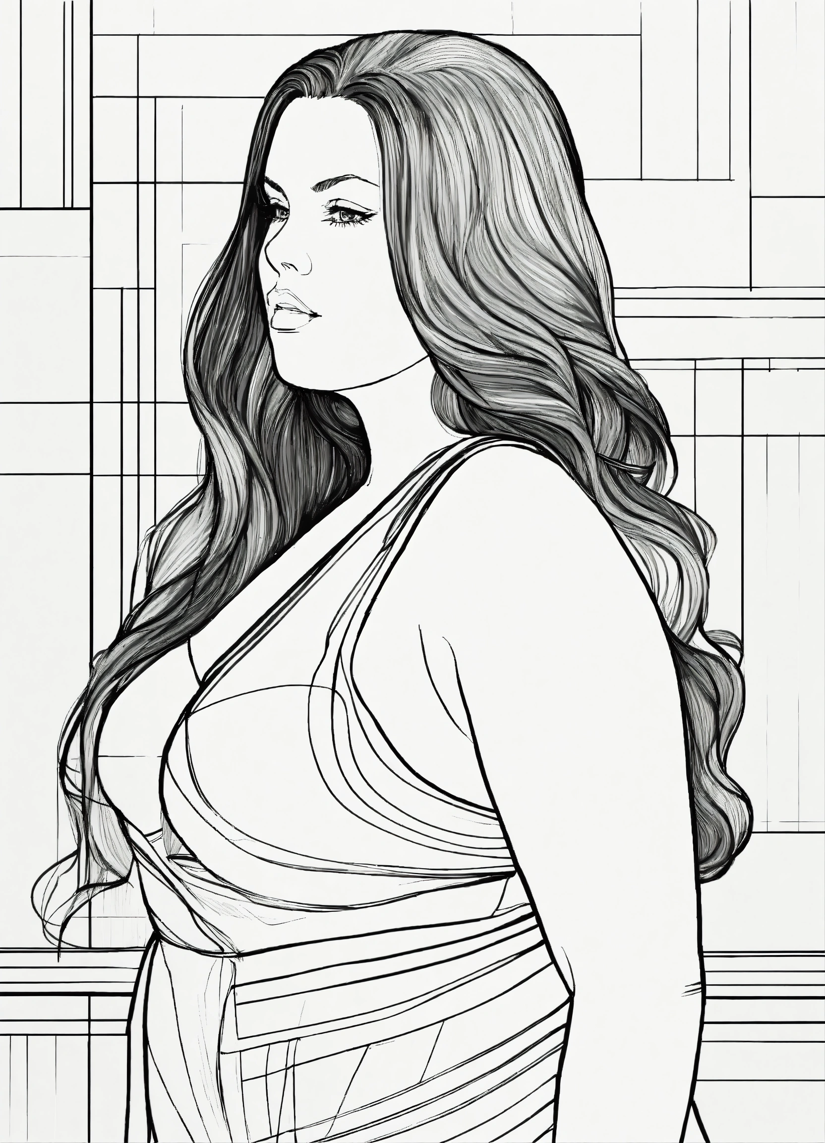 Lexica - Black and white line drawing, plus size woman with long hair ...