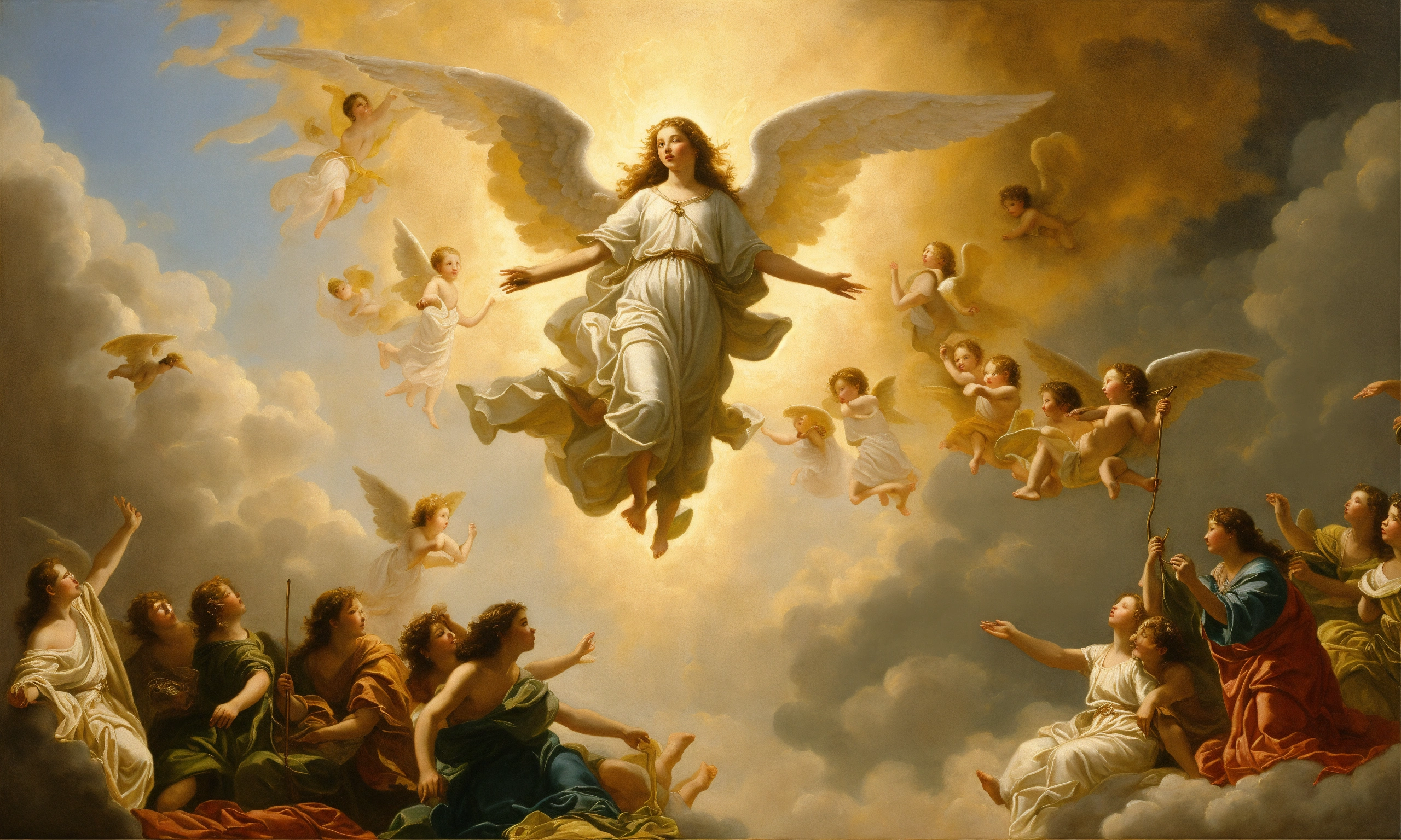 Lexica - Oil painting of angels descending from heaven
