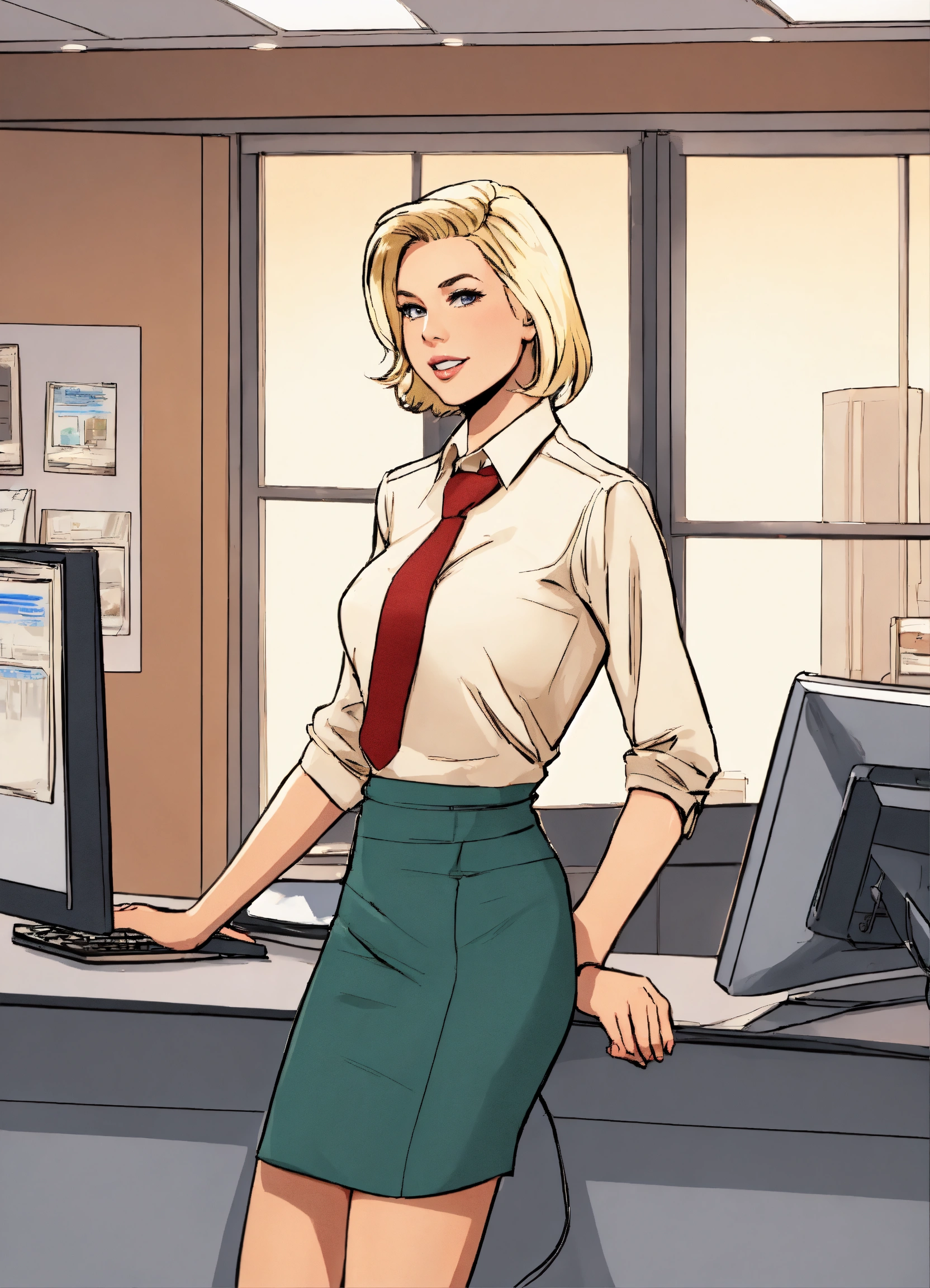 Lexica - A blonde receptionist in a modern office, wearing a miniskirt, bending  over, portrait. animated series