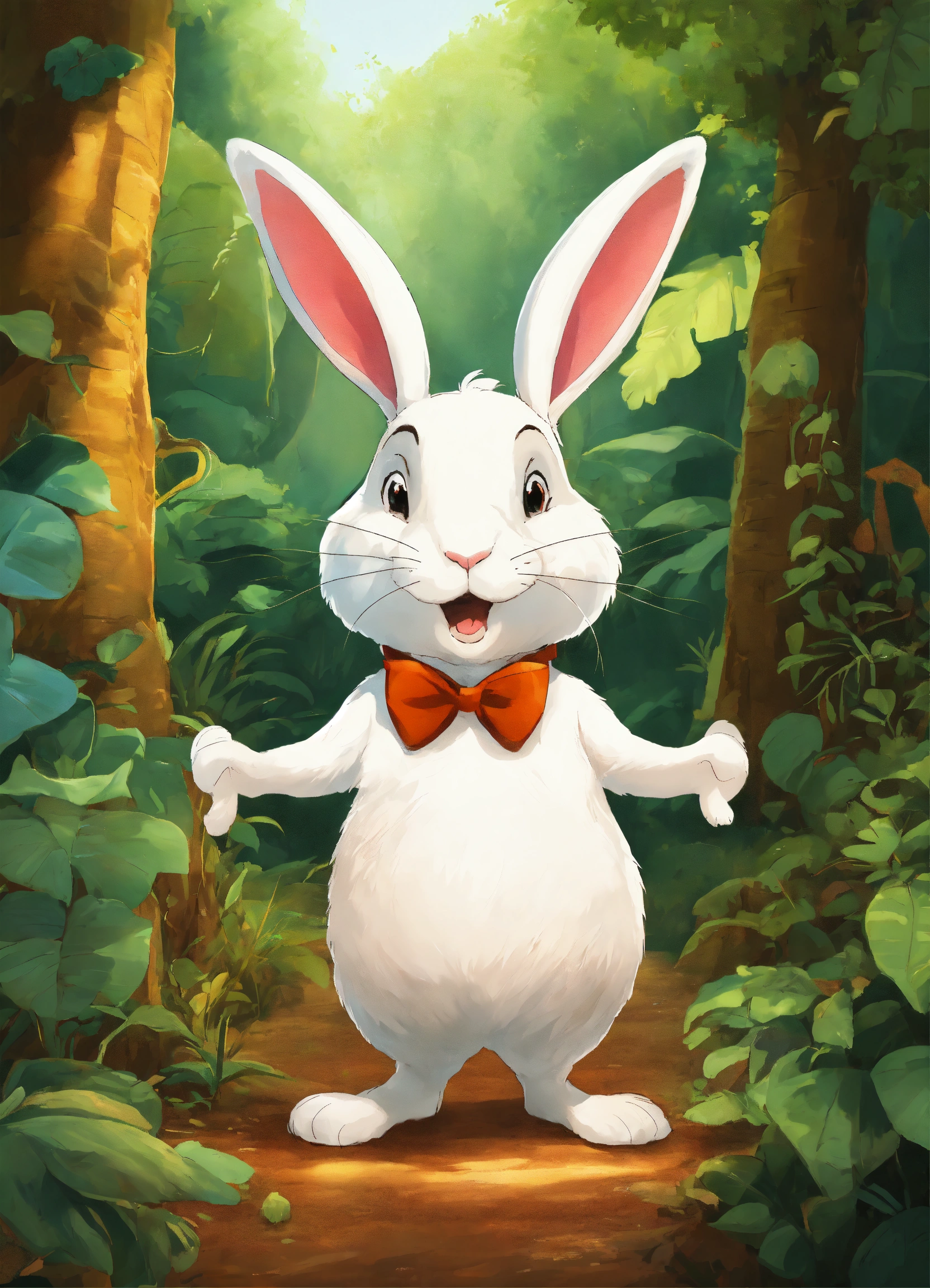 Lexica - Let cartoon big white rabbit walking on two legs in jungle