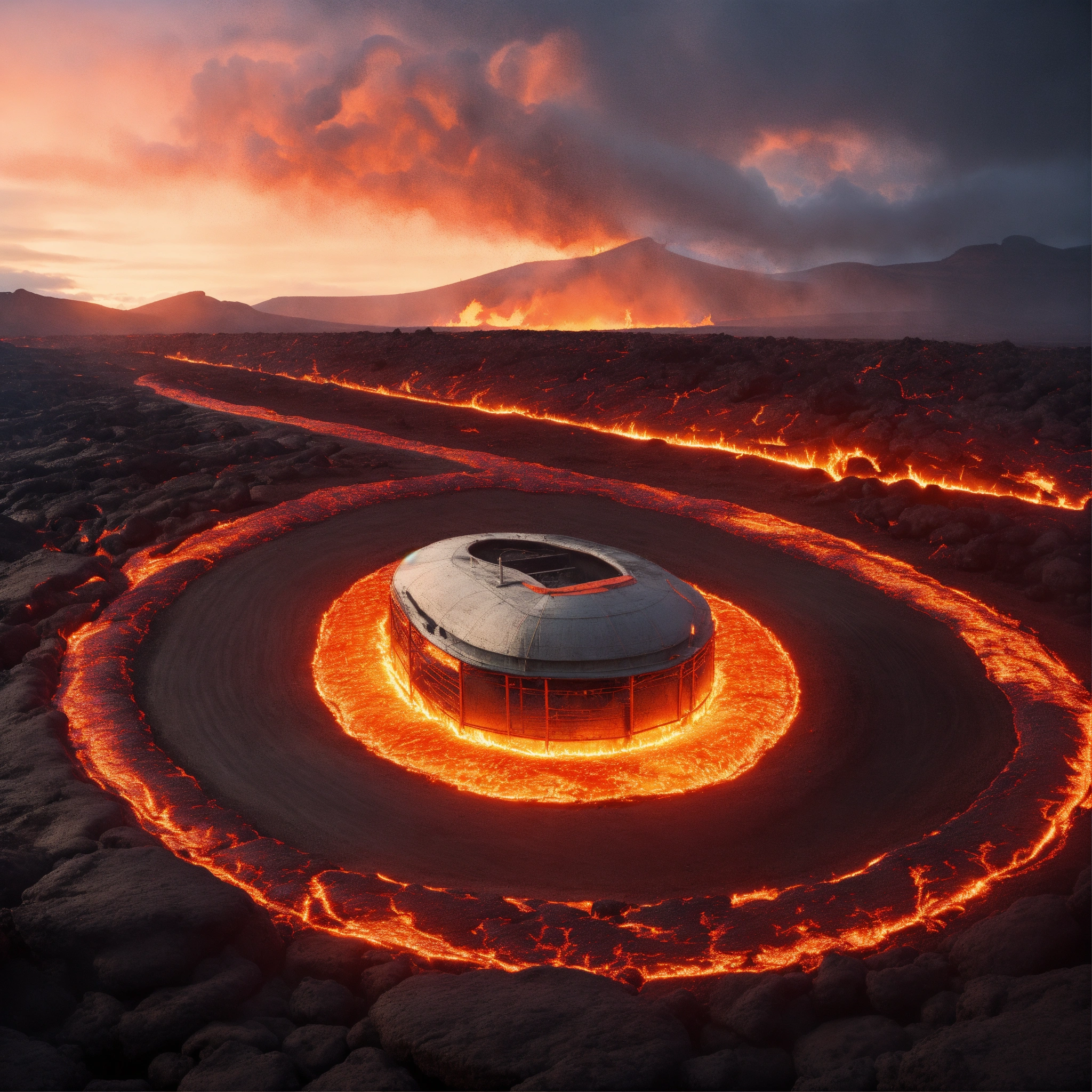 Lexica - A high speed oval racetrack amidst a lava flow scene, alive ...
