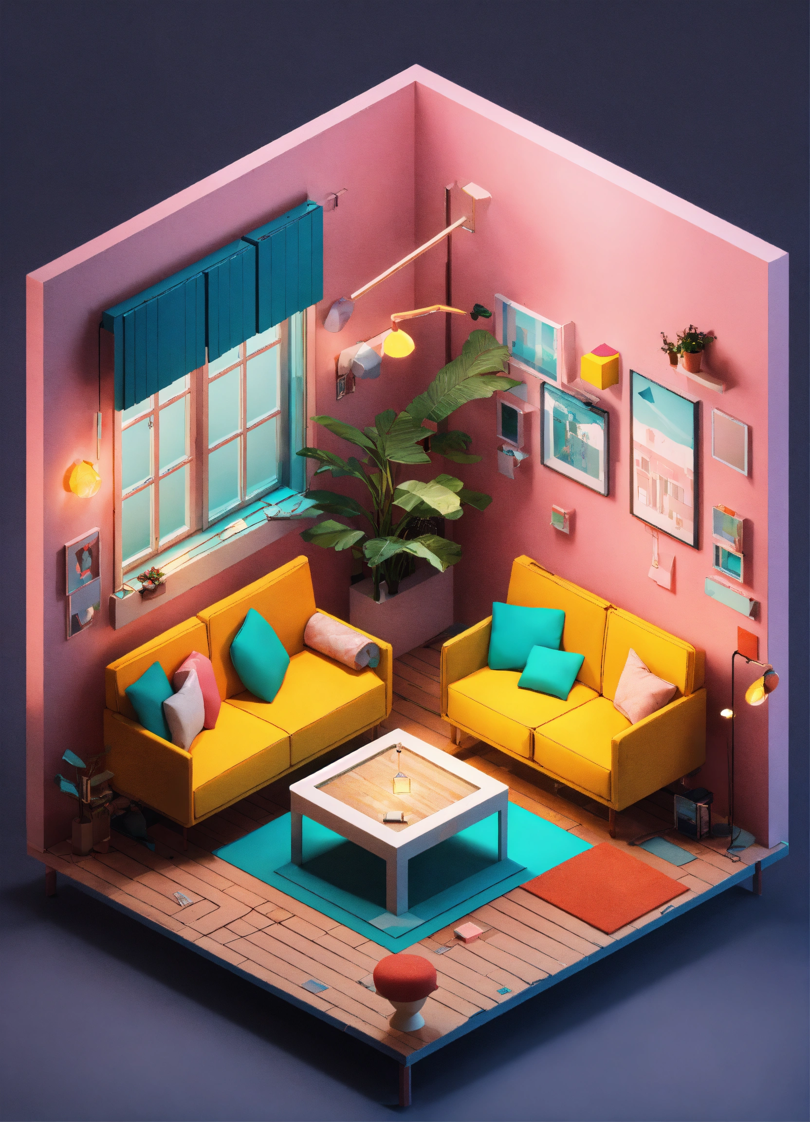 Lexica - Cube cutout of an isometric living room, 3d art, pastel colors ...