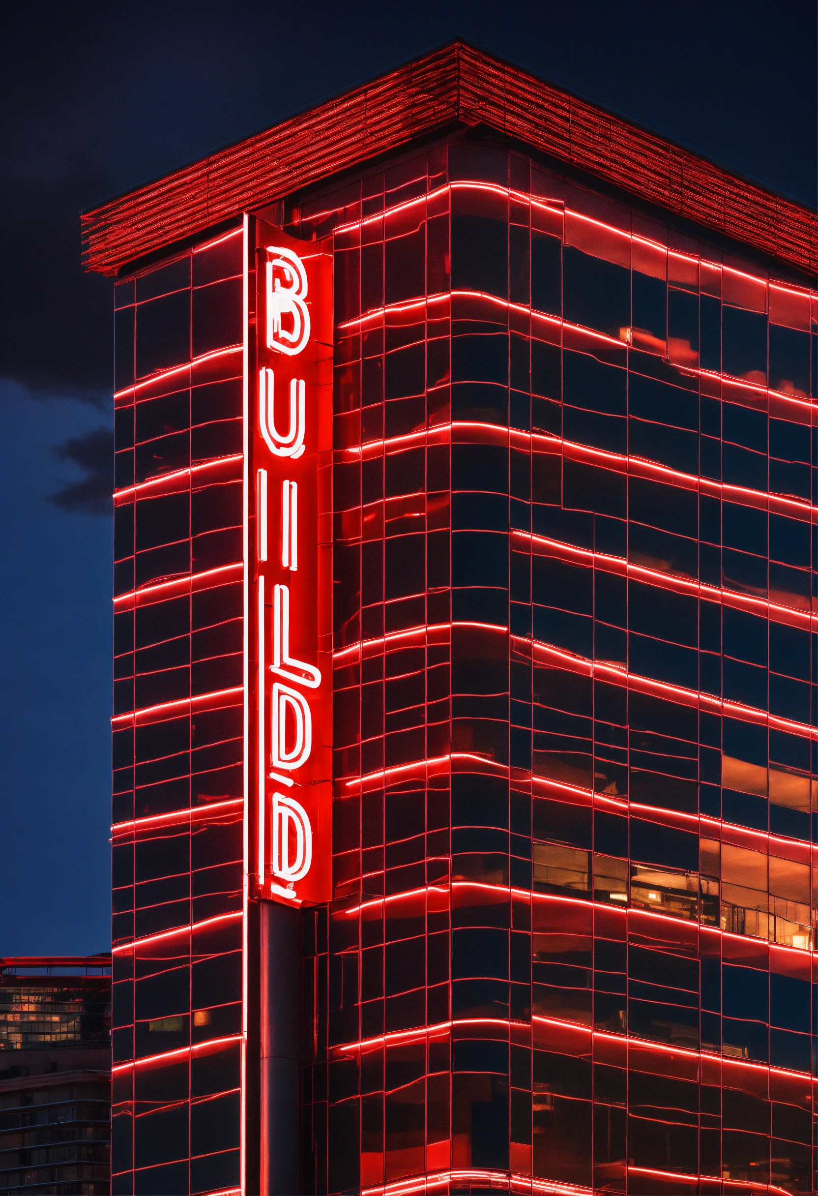 Lexica - A red neon sign that says (B U I L D) on a tall building ...