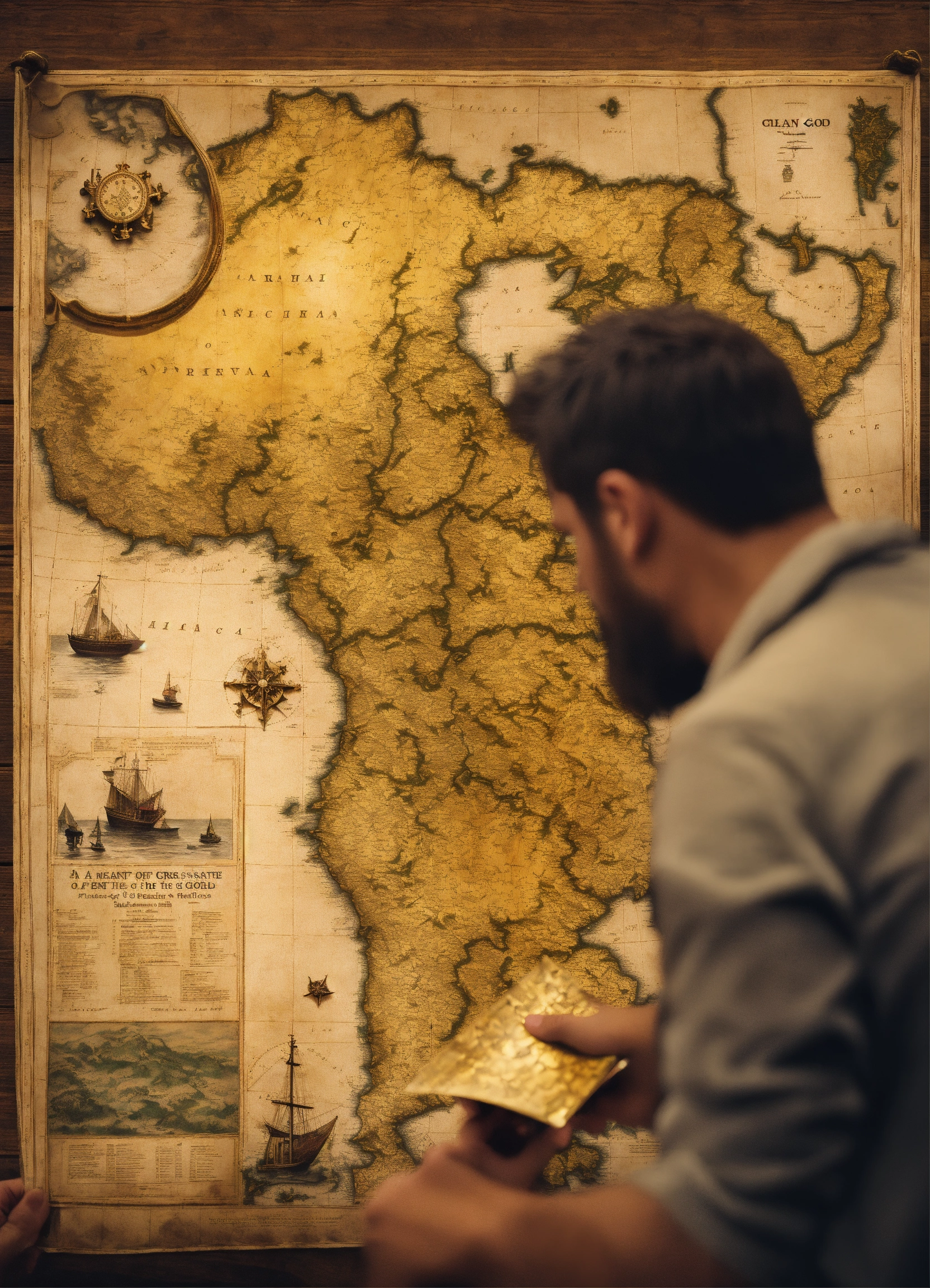 Lexica - A man looking a map to find a treasure of gold