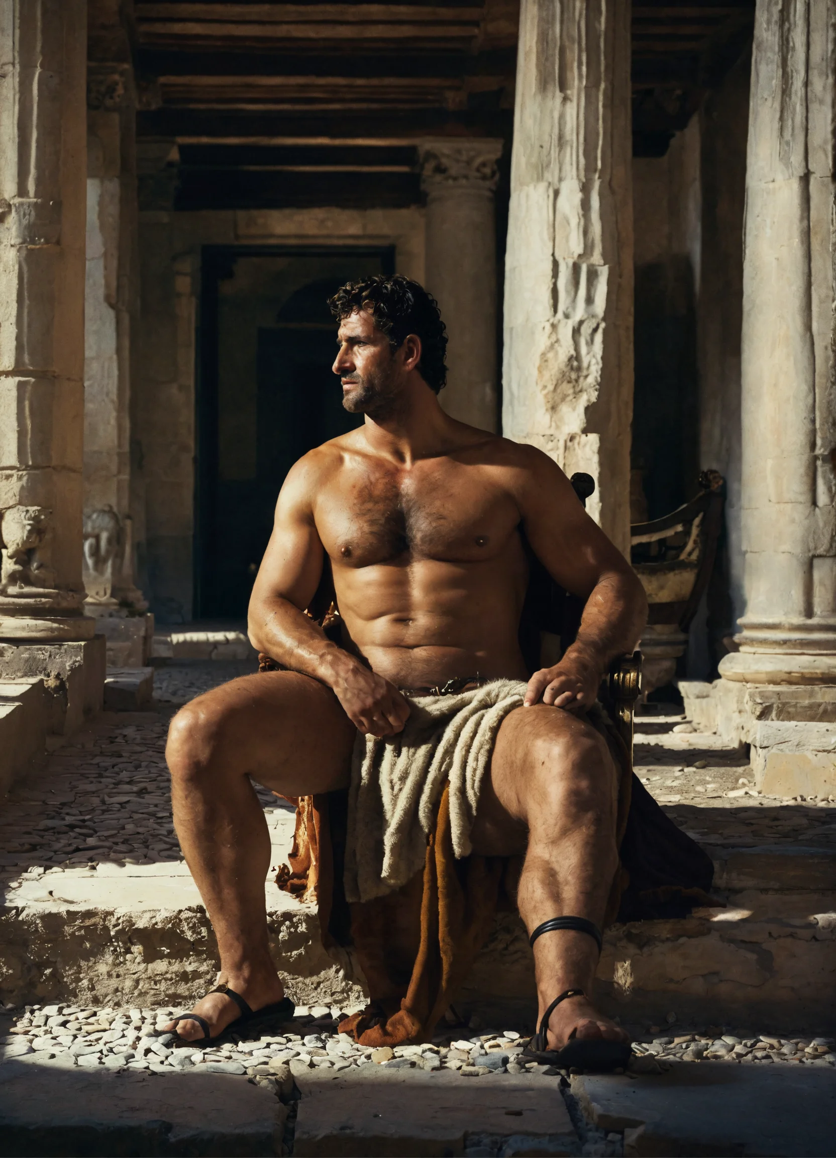 Lexica - A tall roman man with hairy chest and beefy body sitting, in ...