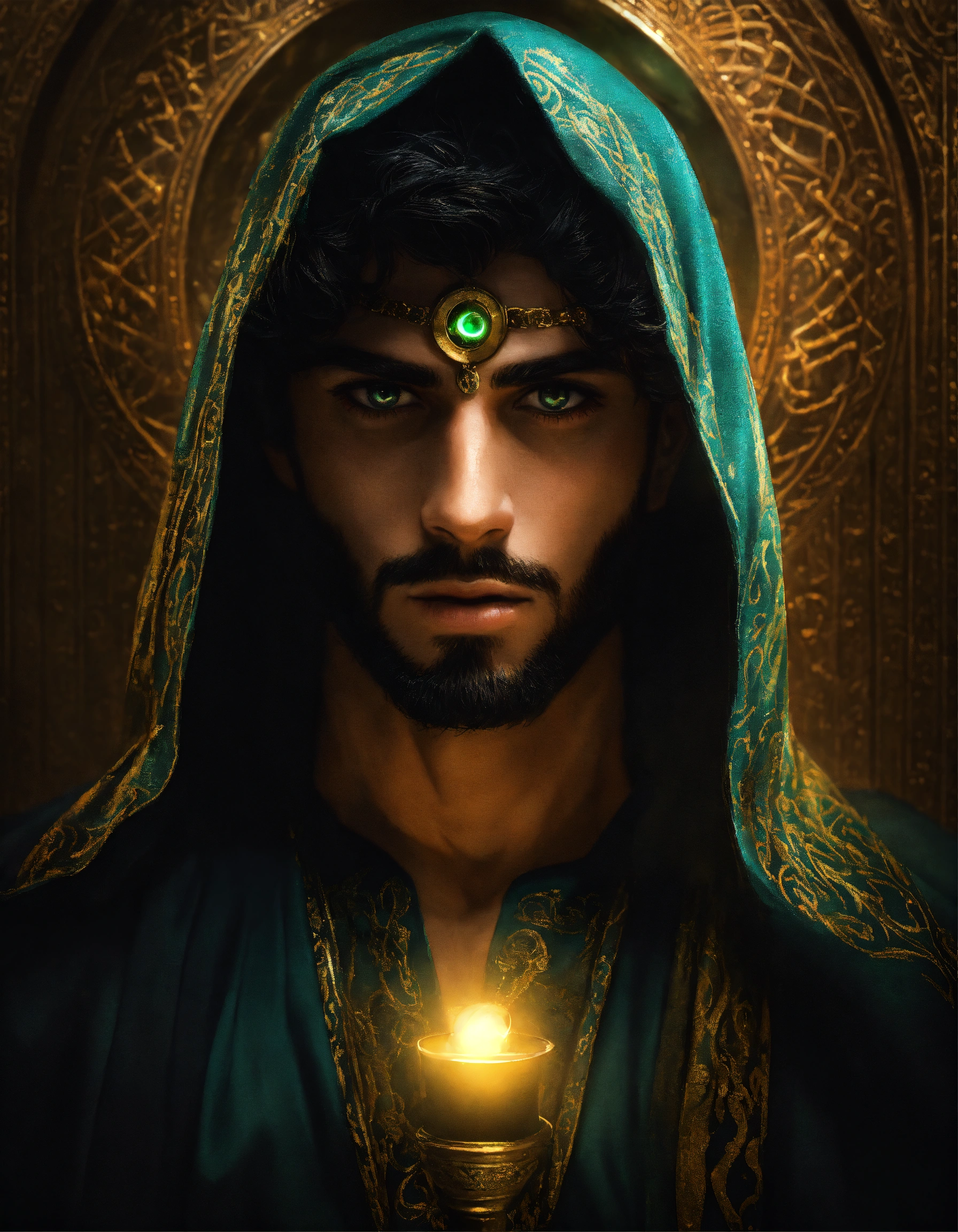 Lexica - Dramatic headshot of a young handsome wicked Arabic sorcerer ...