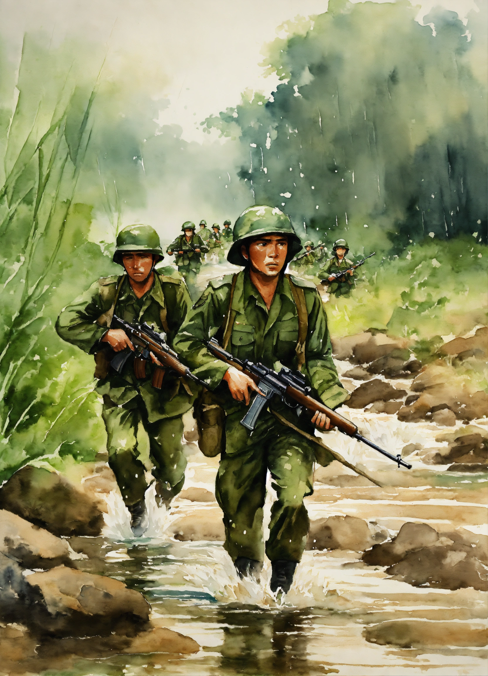 Lexica - Create a watercolor painting of a U.S. Army patrol crossing a ...