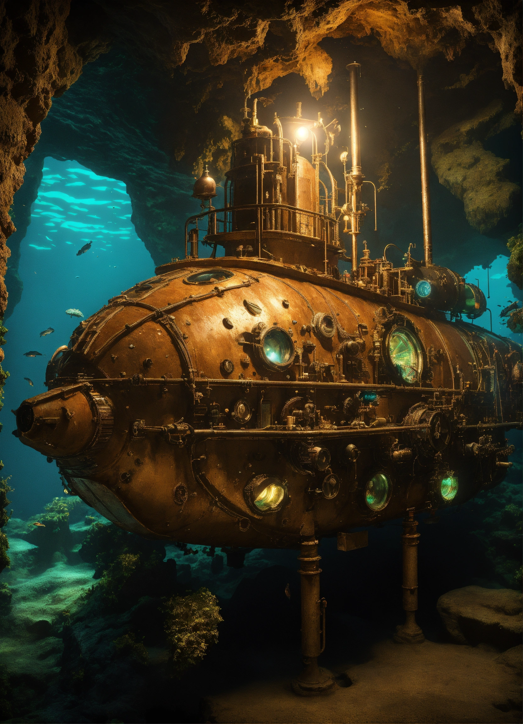 Lexica - Duergar steampunk submarine, in mystical sea-cave with ...