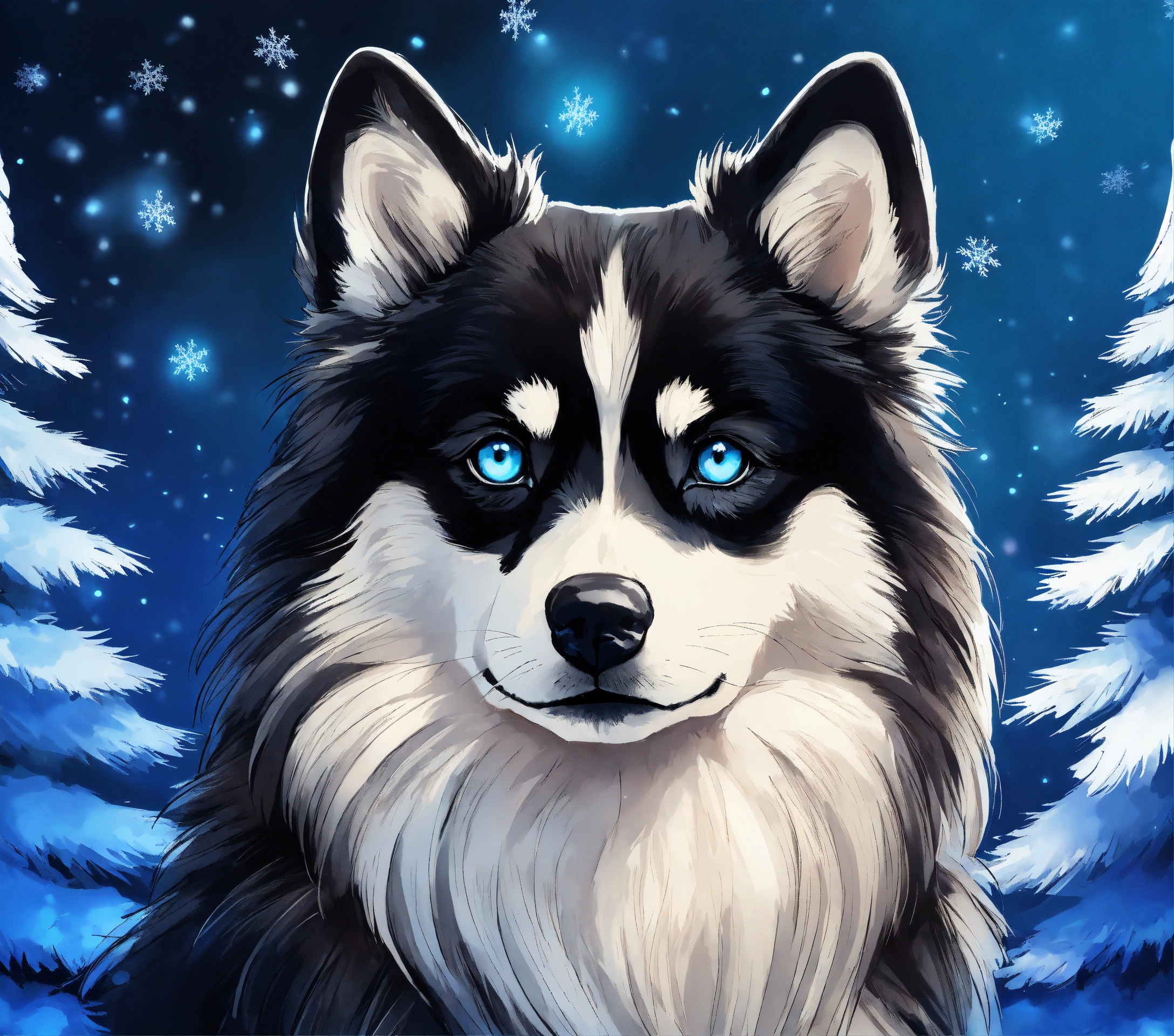 Lexica - Illustration of a magnificent black and white pomsky with blue ...
