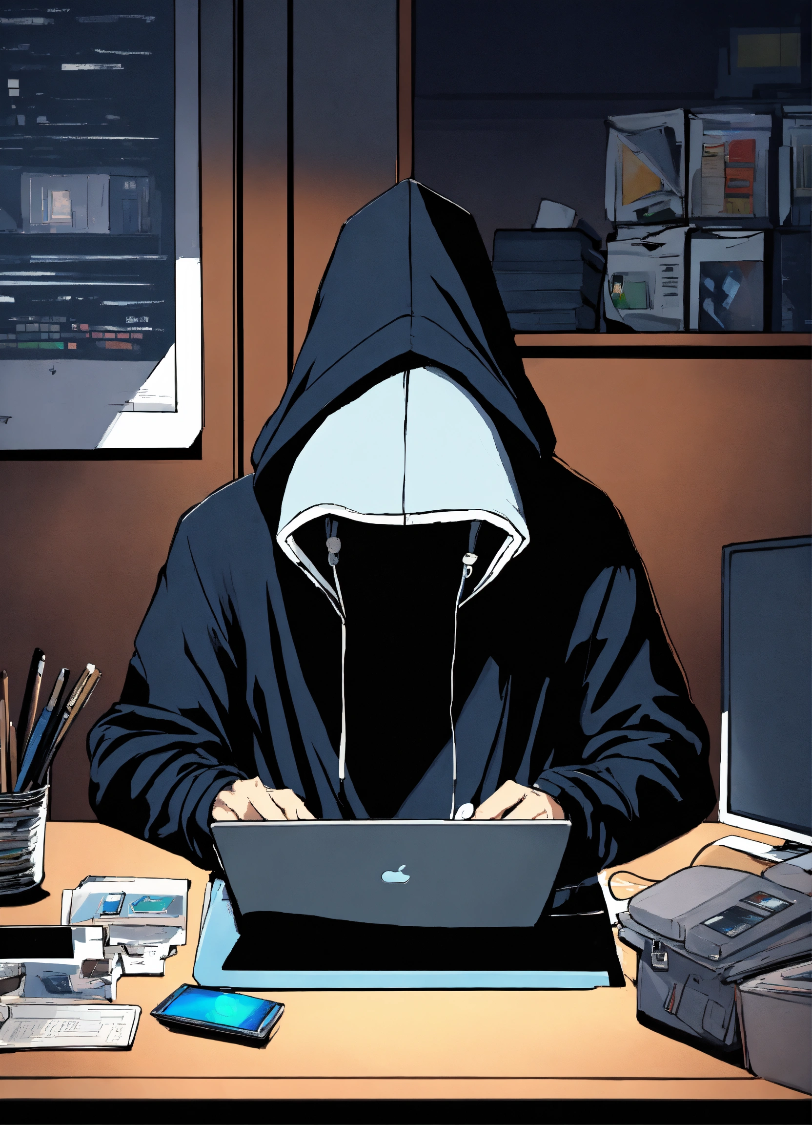 Lexica - A man sitting behind his desk, faceless, wearing a hoodie ...