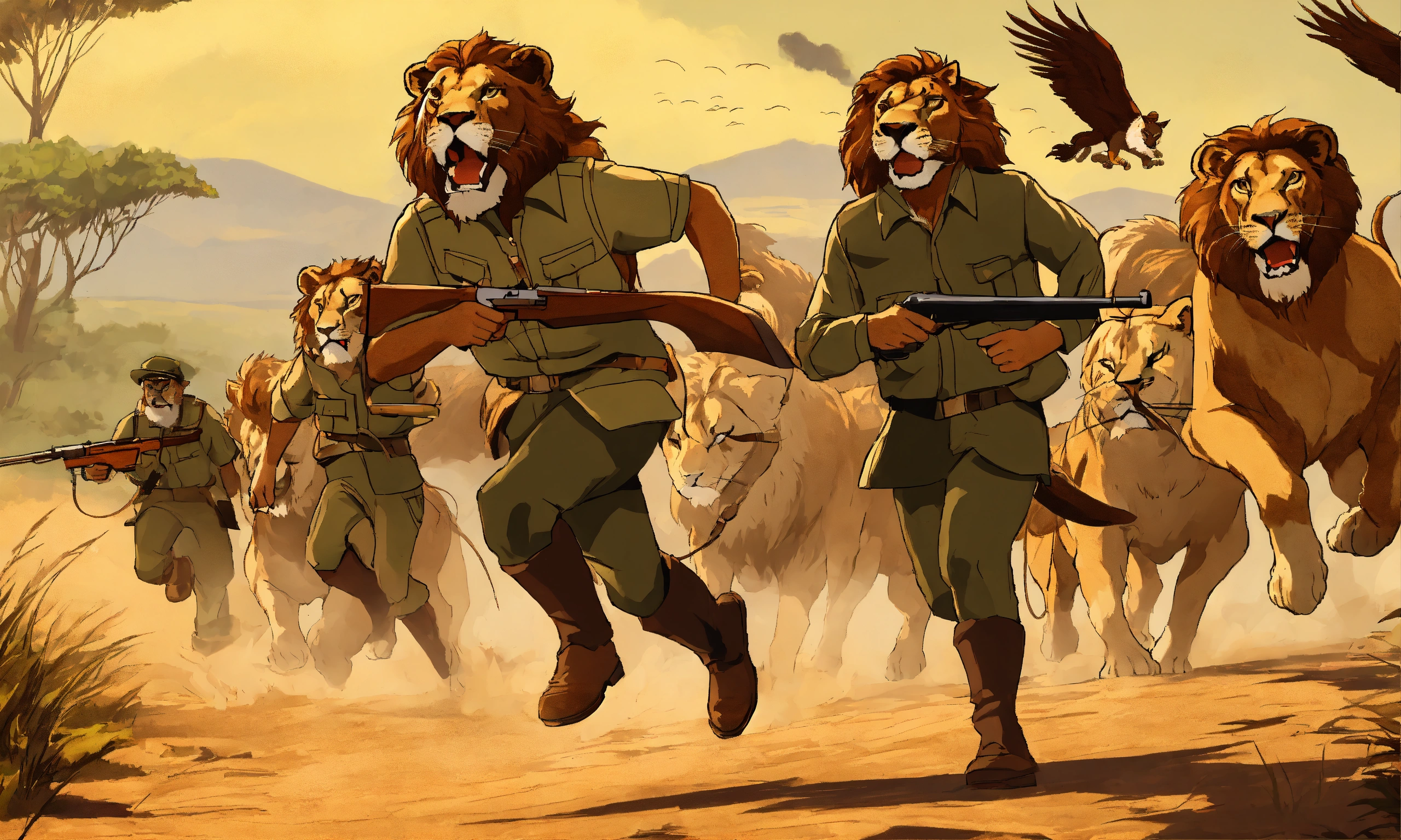 Lexica - Cartoon men hunters are running and lions are running from ...