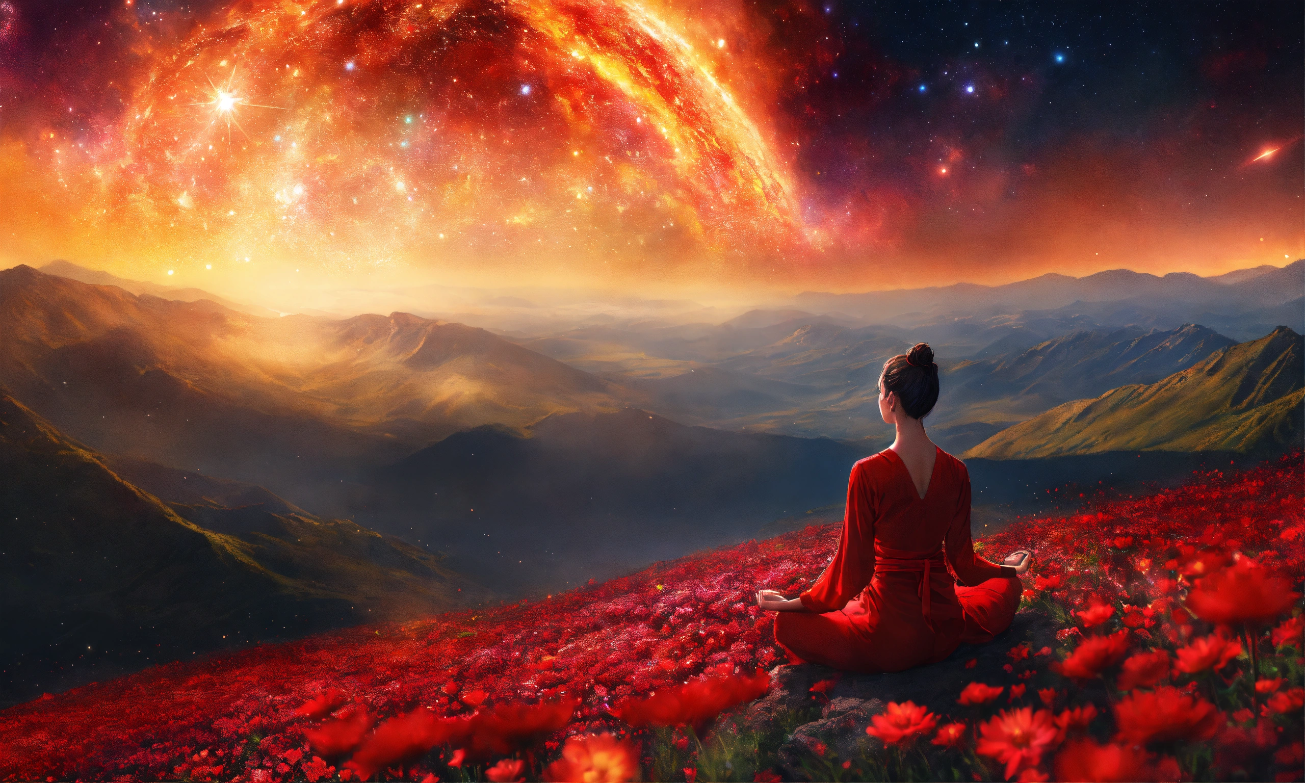 Lexica - Beautiful woman in Meditation posture, mountain, a vast field ...