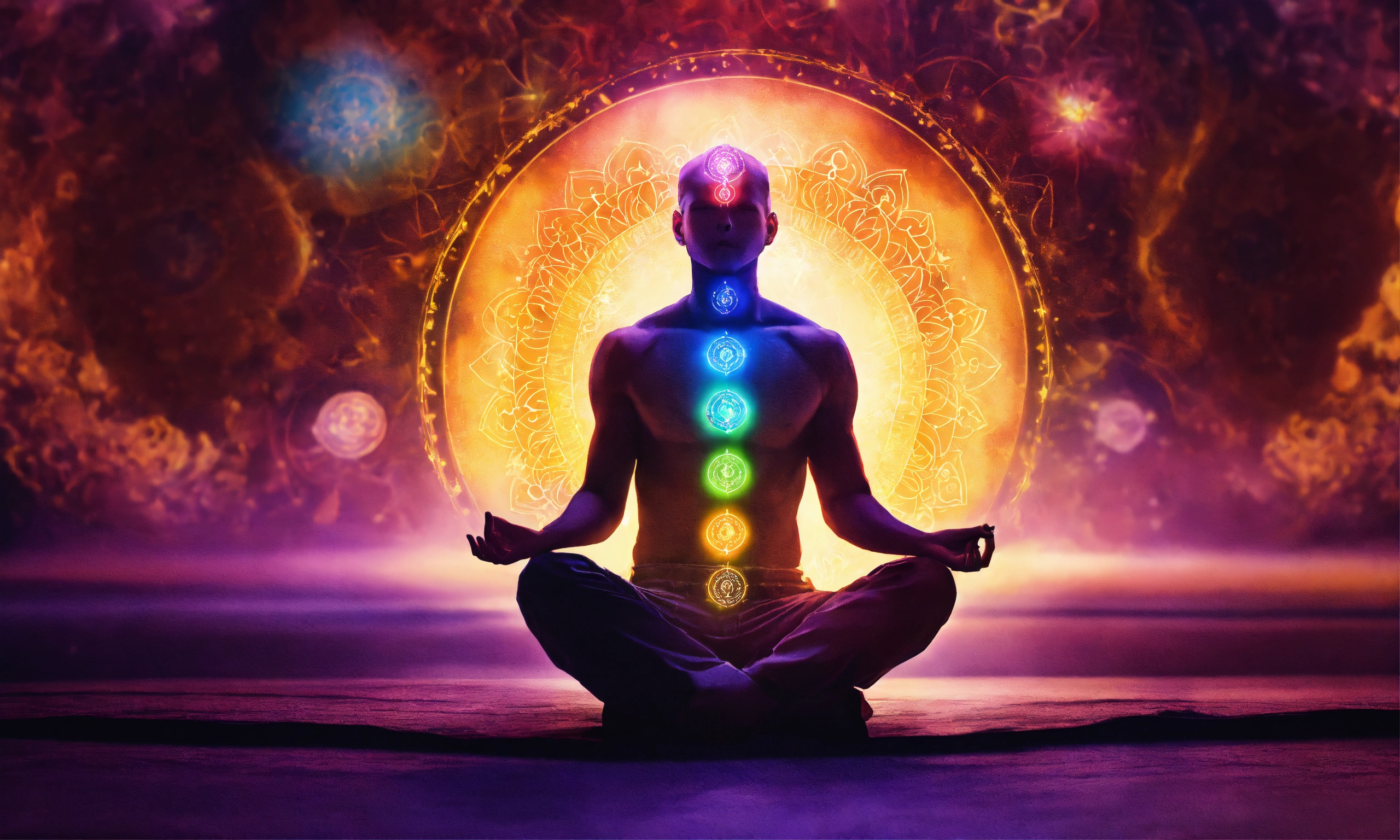 Lexica - Man sitting, chakras lit up, 4k, high resolution, photo quality