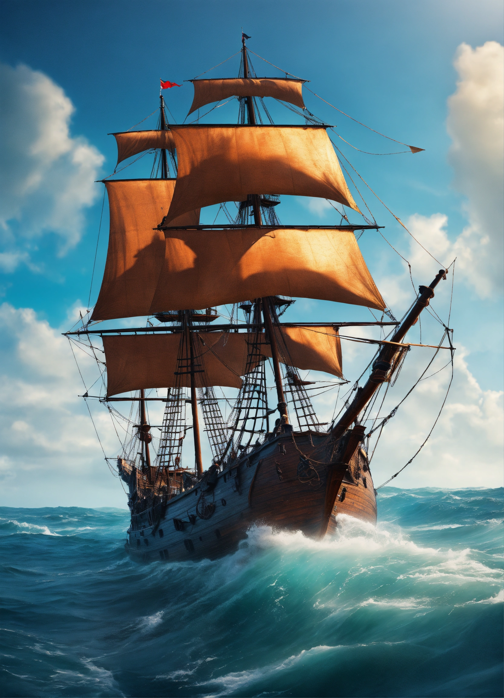 Lexica - Pirate ship damaged sails sailing forward in the waves of a ...
