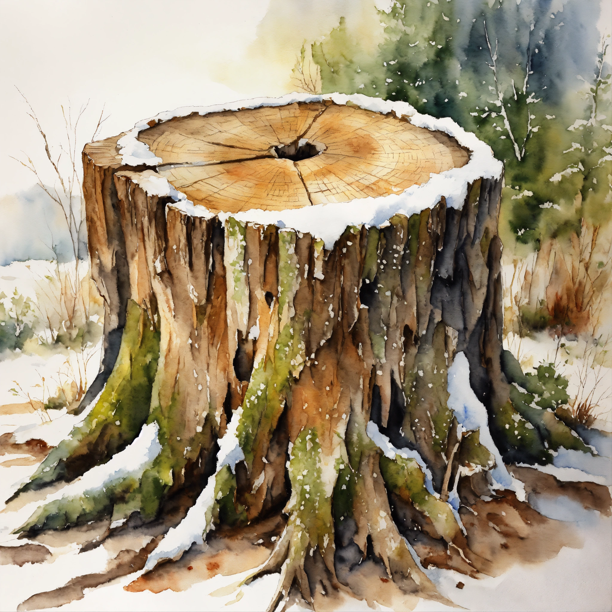 Lexica - White background, snow covered tree stump, sharp focus, studio ...