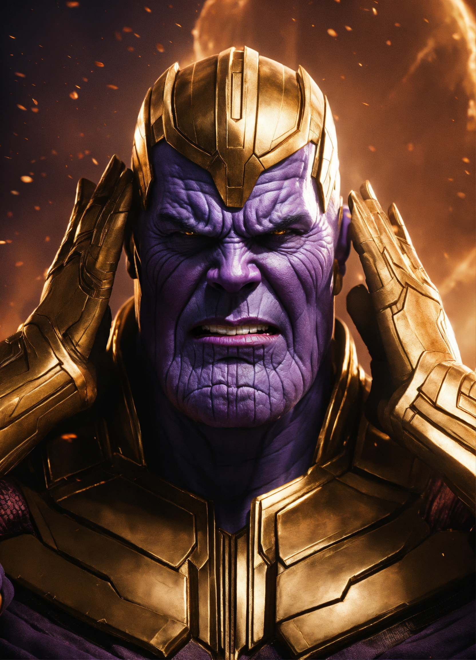 Lexica - Ultra-realistic image of Thanos covering his ears with his ...