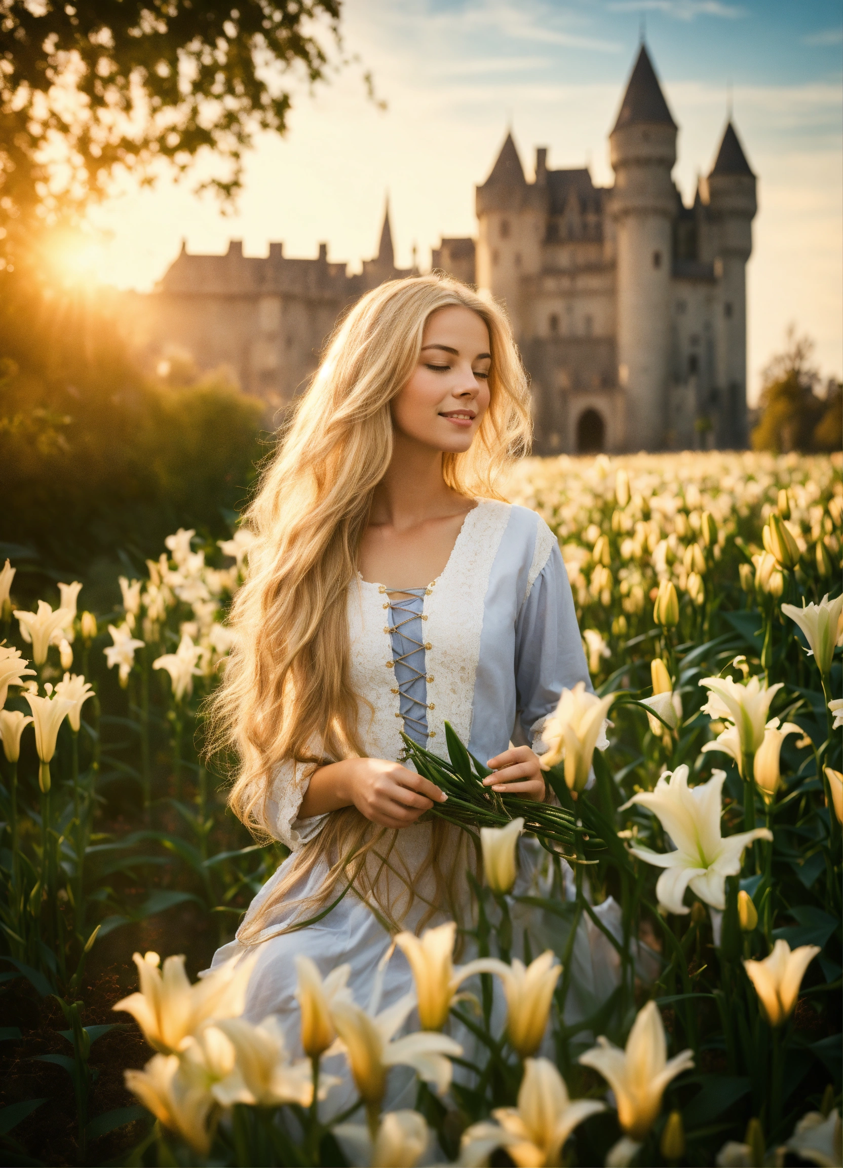 Lexica - A beautiful blonde girl with very long hair picking lilies ...