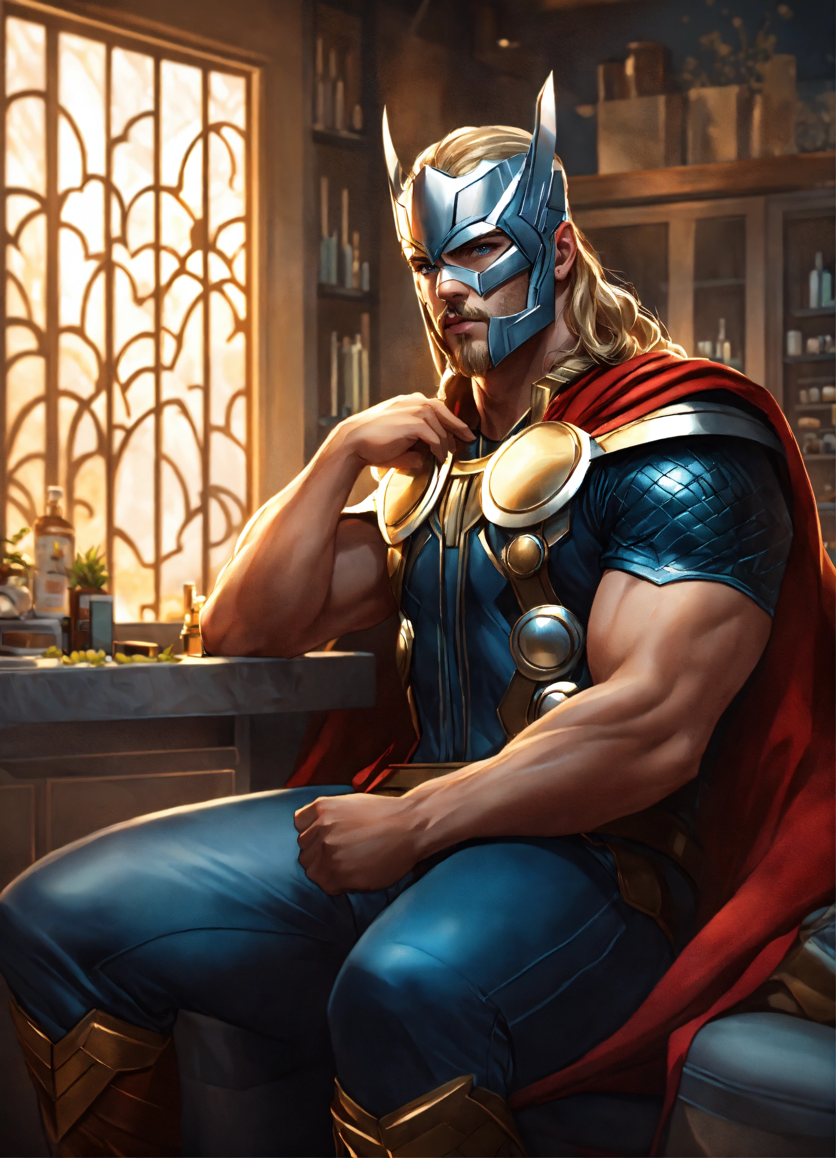 Lexica - Artgerm male Thor sitting at a wellness salon, face is covered ...